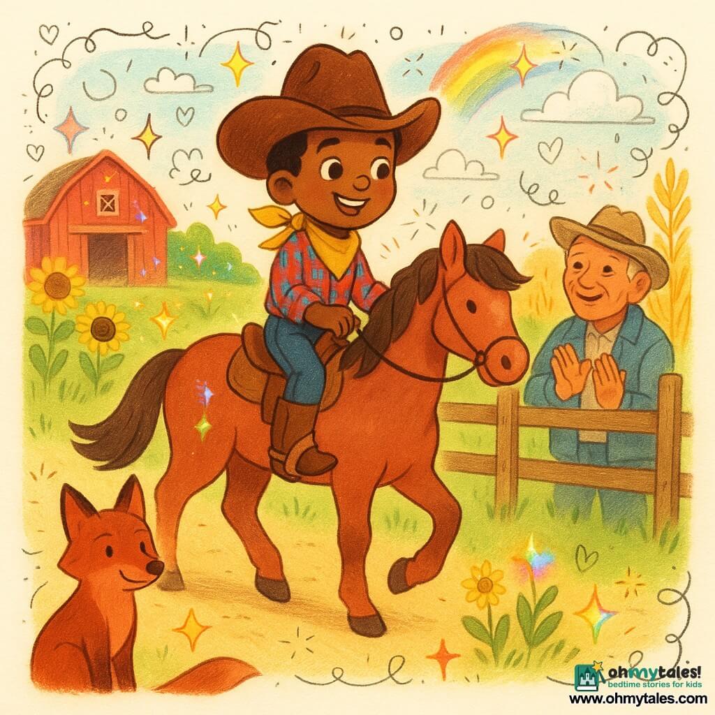 Young smiling, determined cowboy with a wide brown hat, red-and-blue plaid shirt and shiny leather boots rides a big chestnut horse named Dusty trotting gently left; joyful expression, bright wide eyes. An older rancher (Mr. Hanks), ~60, with a kindly wrinkled face and denim jacket stands by a wooden fence on the right, applauding as the cowboy returns. A clever red fox sits foreground left, pointed ears and a slightly smiling, curious look like a friend. Dusty is faithful and calm with a mane in the breeze. Daytime ranch setting: green pasture, red wooden barn, pale blue sky, faint rainbow, sunflowers and golden cornfields; soft textures and saturated colors. Main scene: the young cowboy brings color back to the ranch—joyful, warm, optimistic atmosphere with vibrant colors returning around flowers and buildings.