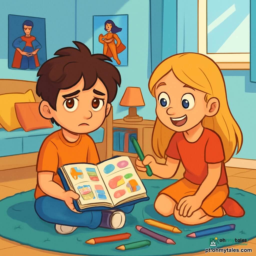 Um garoto de 12 anos, Miguel, com cabelos castanhos bagunçados e olhos brilhantes de curiosidade, está sentado em um tapete macio em seu quarto. Ele tem uma expressão melancólica, mas determinada, segurando um caderno aberto cheio de desenhos coloridos e palavras escritas à mão. Ao seu lado, sua melhor amiga, Júlia, uma menina de 12 anos com cabelos longos e loiros, sorri calorosamente enquanto segura um lápis, pronta para ajudá-lo a desenhar. O quarto é iluminado, com paredes pintadas de azul claro, pôsteres de super-heróis pendurados e um canto de leitura confortável cheio de almofadas coloridas. A cena principal mostra Miguel e Júlia criando juntos um diário de memórias, cercados por lápis de todas as cores, simbolizando esperança e criatividade diante da separação dos pais.