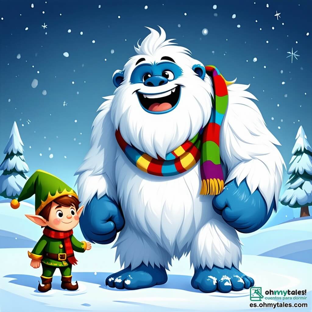 Un yéti llamado Bola de Nieve, con un pelaje blanco brillante, sonríe felizmente en el centro de la imagen. Tiene brazos anchos y esponjosos, y lleva una bufanda multicolor que ondea al viento. A su lado, un pequeño duende llamado Pizca, de unos 8 años, con un sombrero puntiagudo verde y botas grandes, ríe mientras se sujeta la cintura, con su cabello rizado saliendo de su sombrero. Al fondo, un campo de flores de colores vivos se extiende bajo un cielo azul claro con nubes esponjosas. La escena irradia una atmósfera festiva y alegre, con flores que parecen reír y bailar a su alrededor, mientras burbujas flotan en el aire, añadiendo un toque mágico.