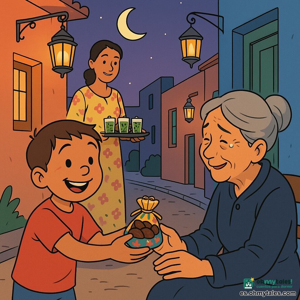 Un niño de 8 años, rostro redondo, cabello castaño corto, piel ligeramente bronceada y sonrisa amplia, ofrece una pequeña bolsita de dátiles decorada; detrás, su madre de unos 35 años, con vestido largo estampado y el cabello recogido, sostiene una bandeja con vasos de té de menta, sonriente y orgullosa; una vecina anciana de unos 70 años, con cabello gris en moño y ojos emocionados, recibe la bolsita sentada frente a su puerta de madera pintada; lugar: una calle del barrio al crepúsculo, casas bajas de fachadas coloridas, farolillos colgantes y un cielo violeta con una luna creciente brillante; situación: el niño reparte dátiles durante el Ramadán, gestos cálidos, miradas y sonrisas compartidas y manos que se tocan en un ambiente acogedor y luminoso.