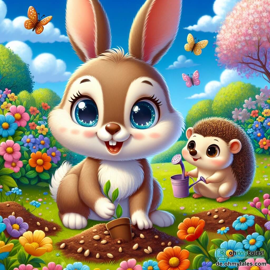 Ein kleiner Hase namens Felix mit einem weichen, seidigen, hellbraunen Fell, großen aufrechten Ohren und funkelnden, neugierigen Augen pflanzt gerade Samen in einem sonnigen Garten. Er zeigt ein breites Lächeln, das vor Begeisterung und Freude strahlt. Neben ihm steht sein bester Freund Max, ein kleiner Igel mit weichen Stacheln und einem cremefarbenen Bauch, der Felix bewundernd ansieht und eine kleine Gießkanne hält. Max sieht konzentriert und glücklich aus, bereit, seinem Freund bei diesem schönen Frühlingsabenteuer zu helfen. Der Garten ist ein wahres Farbenspiel: leuchtende Blumen in allen Nuancen, blühende Bäume mit zartgrünen Blättern und ein hellblauer Himmel mit ein paar fluffigen weißen Wolken. Schmetterlinge umschwirren sie und verleihen dem Moment Magie. Die Hauptszene zeigt Felix und Max, die gemeinsam im Garten arbeiten, umgeben von der Schönheit des Frühlings, während sie sorgfältig Samen pflanzen und gespannt darauf warten, die Wunder der Natur erblühen zu sehen.