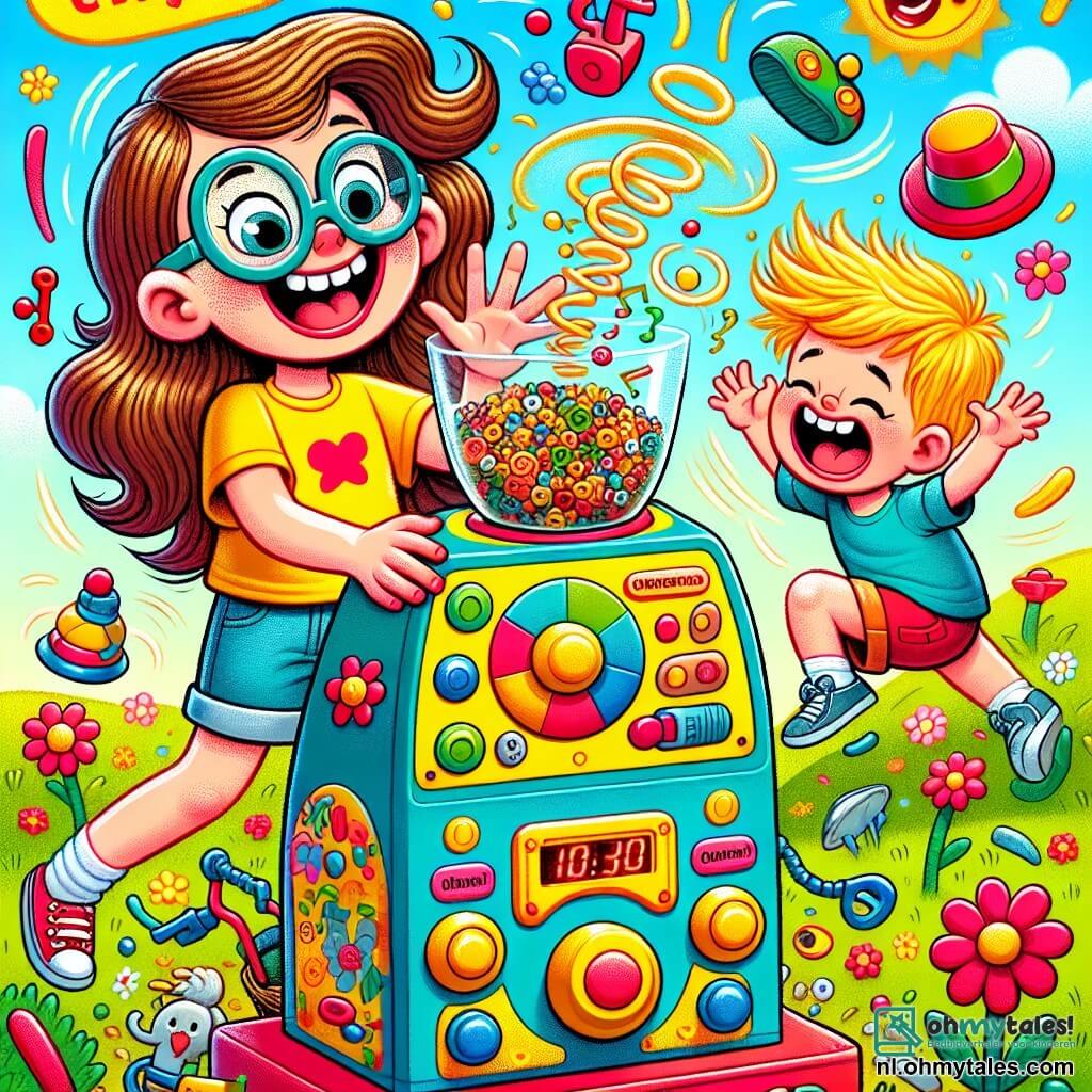 Een 8-jarig meisje, Fien, met lange bruine haren en ronde bril, glimlacht met sprankelende ogen van opwinding. Ze draagt een felgele t-shirt en een jeansshort, terwijl ze naast haar grappige machine, de Wiebeldingen-Machine, staat die flitst met kleurrijke lichten. Naast haar staat haar 6-jarige broertje Tommie, met messy blond haar en een blauwe t-shirt, die hardop lacht terwijl hij probeert een dansende cornflake in de lucht te vangen. Hun tuin is gevuld met kleurrijke bloemen, onder een stralende blauwe lucht met donzige witte wolken. De machine is omringd door bewegende stoelen en trillende serviezen, wat een vrolijke en chaotische sfeer creëert. In deze scène drukt Fien op de grote rode knop van haar machine, wat een wervelwind van lachen en beweging op gang brengt, terwijl tuinobjecten zoals bloemen en een klein kipje om hen heen lijken te dansen.