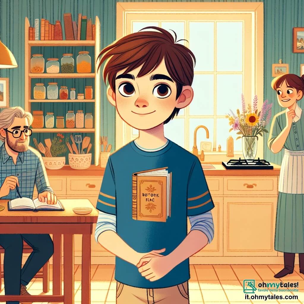 Un ragazzo di 10 anni, Leo, con i capelli castani e gli occhi curiosi, è in piedi in una cucina accogliente, con un leggero sorriso che esprime determinazione e nervosismo. Indossa una maglietta blu con un motivo di libro e pantaloni corti beige, le mani leggermente tremanti mentre si prepara a parlare ai suoi genitori. Sua madre, una donna di circa 35 anni con i capelli castani raccolti e occhiali, è seduta al tavolo, guardando Leo con attenzione, con un libro di cucina aperto davanti a lei. Suo padre, un uomo di circa 40 anni con una leggera barba e capelli corti, è in piedi accanto ai fornelli, tenendo una spatola, pronto ad ascoltarlo. La cucina è luminosa e accogliente, con pareti gialle, mensole piene di barattoli di spezie colorate e una finestra che lascia entrare la luce del sole. Leo prende un respiro profondo e inizia a esprimere i suoi sentimenti ai genitori, creando un momento di connessione e ascolto in questa scena familiare calorosa.