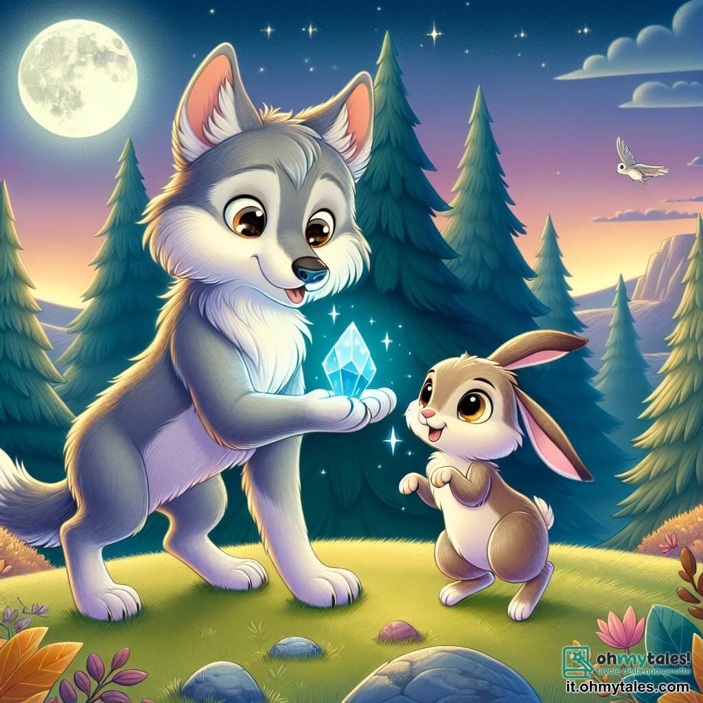 Un lupo di nome Leo, con un morbido pelo grigio e occhi brillanti come stelle, si trova al centro della scena, guardando con meraviglia un magnifico cristallo blu scintillante tra le sue zampe. Accanto a lui, la sua migliore amica, Lila la lepre, con il suo pelo marrone chiaro e grandi orecchie, salta di gioia, i suoi occhi brillano di curiosità. La scena si svolge sulla cima di una collina verdeggiante, circondata da alberi maestosi con foglie dorate, sotto un cielo crepuscolare in cui la luna inizia a brillare, illuminando il paesaggio con una luce dolce e magica. Leo e Lila, affascinati dal cristallo, si preparano a sollevarlo verso la luna, pronti a restituirgli il suo splendore.