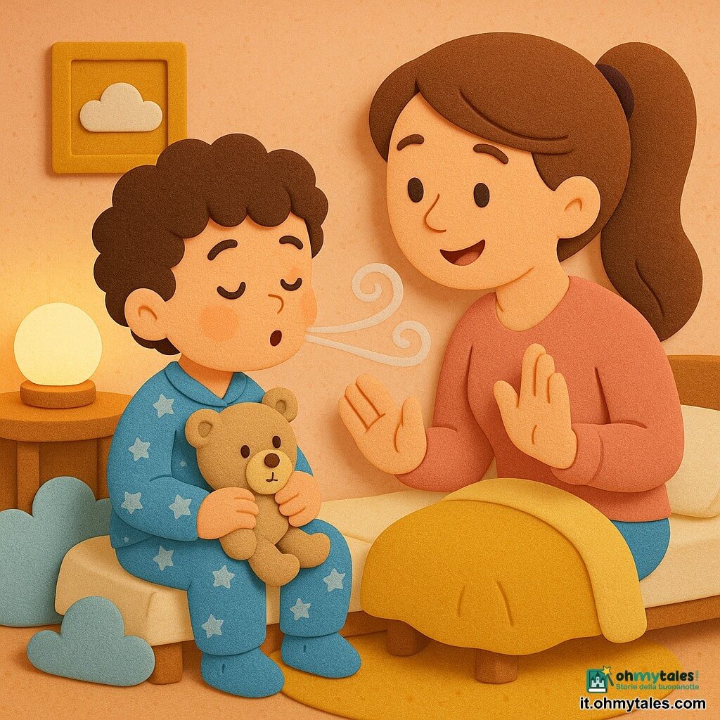 Un bambino di 4 anni, calmo e sereno, capelli castani ricci, in pigiama blu con stelle bianche, stringe un peluche beige e siede sul bordo del letto; la madre (circa 30–35 anni), sorriso dolce, capelli castani lunghi raccolti in una coda, è seduta accanto a lui con una mano sulla coperta e l’altra alzata in gesto rassicurante; la stanza è piccola e accogliente, pareti pesca, una lucina rotonda sul comodino diffonde luce soffusa, tappeto rotondo color senape e cuscini a forma di nuvola; la scena mostra il bambino che inspira lentamente come per annusare un fiore (linee curve a indicare l’aria) e poi espira dolcemente come per spegnere una candela (volute trasparenti), guidato serenamente dalla madre.
