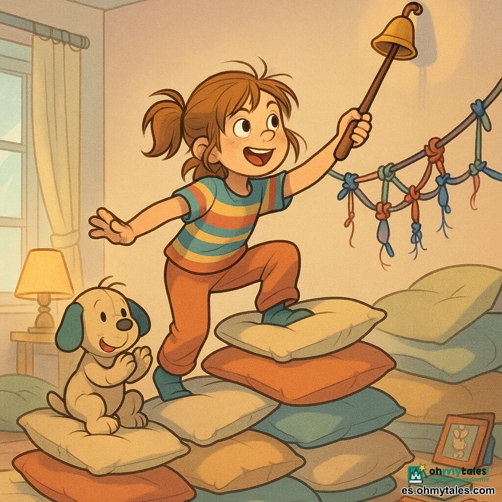Niña de 10 años, rostro redondo, pecas ligeras y pelo castaño claro despeinado, ojos grandes y decididos, expresión alegre y concentrada; viste camiseta de rayas coloridas y pantalón cómodo, está agachada sobre una alta pila de cojines y extiende una larga cuchara de madera hacia una pequeña campanilla dorada cerca del techo. Un peluche perro llamado Botas, beige y desgastado con un parche azul en la oreja, sobre un cojín bajo ella a la izquierda, aparenta aplaudir con las patas. De fondo, un puente de calcetines enredados entre dos montones de cojines con nudos coloridos y hilos colgando. La habitación es una isla de cojines: paredes en tonos pastel, ventana grande con luz suave filtrada por una cortina translúcida, lámpara de mesita vintage con brillo cálido, juguetes y libros esparcidos, texturas gruesas y formas redondeadas. Escena principal: reto divertido y aparentemente imposible — pequeña exploradora escalando cojines en equilibrio precario, ambiente cálido y lúdico con movimiento y tensión visual hacia la campanilla en lo alto.