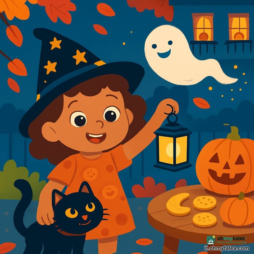 Una bambina di 4 anni, con capelli ricci e occhi brillanti come nocciole, sorride con meraviglia mentre tiene in mano una lanterna luminosa. Indossa un cappello da strega nero decorato con stelle dorate e un vestito arancione con motivi di zucche. Accanto a lei, un gatto nero dagli occhi verdi, di nome Micio, si strofinano contro la sua gamba, mostrando un'espressione curiosa e amichevole. Un piccolo fantasma fluttuante, Puff, con un volto sorridente, volteggia gioiosamente intorno a loro, lasciando dietro di sé una scia di polvere scintillante. Il contesto è una bella serata autunnale, con foglie rosse e dorate che cadono dagli alberi e lanterne arancioni che illuminano i balconi delle case circostanti. La scena si svolge in un giardino decorato per Halloween, con un tavolo adornato di biscotti a forma di luna e piccole zucche. La situazione principale mostra la bambina e i suoi amici intenti a preparare una festa di Halloween gioiosa, ridendo e condividendo dolcetti, mentre la magia della notte li circonda, creando un'atmosfera calda e festosa.