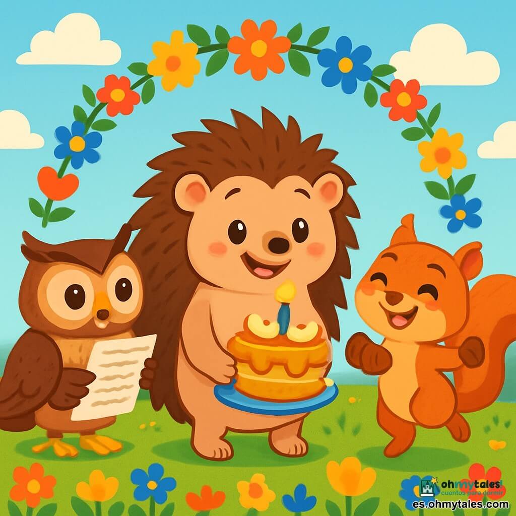 Un pequeño erizo llamado Eloy, con pelaje marrón y ojos brillantes de alegría, se encuentra en el centro de un prado soleado, rodeado de guirnaldas de flores coloridas. Sonríe con asombro, sosteniendo un pastel decorado con miel y manzanas, con una vela centelleante en la cima. A su derecha, una pequeña ardilla llamada Aina, con pelaje rojo y ojos vivos, baila alegremente sosteniendo nueces, su rostro radiante de felicidad. A su izquierda, un búho sabio llamado Bruno, con plumas marrones y una mirada seria pero amistosa, lee un poema en un trozo de papel, mostrando una expresión de orgullo. Al fondo, un cielo azul claro está salpicado de nubes blancas y esponjosas, y flores multicolores bordean el prado, creando una atmósfera festiva y cálida. La escena representa el momento mágico en que los amigos se reúnen para celebrar el cumpleaños de Eloy, rodeados de risas y luz.