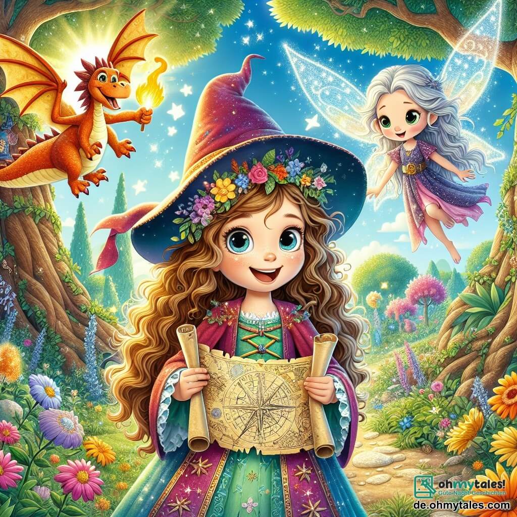 Im Zentrum des Bildes steht Lila, eine zehnjährige Hexe, mit einem breiten Lächeln im Gesicht. Ihre langen, lockigen, hellbraunen Haare wehen im Wind. Sie trägt ein buntes Kleid mit funkelnden Sternen und hält eine alte Karte in den Händen, voller Aufregung und Neugier. Neben ihr flattert Flamme, ein kleiner Drache mit roten und goldenen Schuppen, fröhlich mit funkelnden Augen. Im Hintergrund schwebt Liora, die kleine Fee mit glänzenden Flügeln, umgeben von Sternenstaub, und beobachtet Lila wohlwollend. Sie hat silberne Haare und trägt ein Kleid aus Blütenblättern, was der Szene einen magischen Touch verleiht. Der Hintergrund ist ein verwunschener Garten voller leuchtender Blumen, knorriger Bäume und einem blauen Himmel mit fluffigen Wolken. Sonnenstrahlen filtern durch die Blätter und erhellen den Garten mit goldenem Licht. Die Hauptsituation zeigt Lila, Flamme und Liora, die sich auf ein Abenteuer vorbereiten, während Lila die Karte entschlossen betrachtet und Flamme fröhlich in die Luft steigt, bereit, die magische Welt um sie herum zu erkunden.