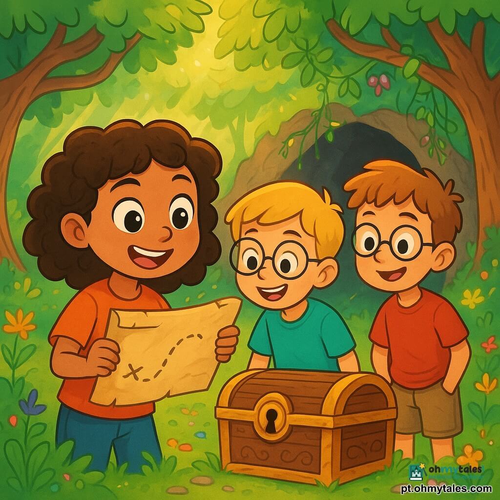Uma menina de 8 anos, Sofia, com cabelos castanhos e cacheados, grandes olhos brilhantes de curiosidade, segura um velho rolo de mapa com um rosto radiante de empolgação e determinação. Ao seu lado, seu amigo Tiago, um garoto de 8 anos com cabelos loiros e óculos redondos, observa o mapa com um sorriso entusiasmado, seus olhos brilhando de aventura. Ao fundo, Mário, outro garoto de 8 anos com cabelos castanhos, observa com uma expressão intrigada, as mãos nos bolsos do seu short. A cena acontece em uma floresta encantada, onde árvores de troncos retorcidos e folhas verdes criam um dossel natural. Raios de sol penetram através da folhagem, iluminando o chão coberto de flores coloridas e pequenas pedras cintilantes. Sofia e seus amigos estão diante de uma caverna misteriosa, cercada por cipós e flores silvestres, enquanto descobrem o tesouro escondido. A atmosfera está cheia de empolgação e mistério, enquanto se preparam para abrir uma velha caixa adornada com padrões antigos.