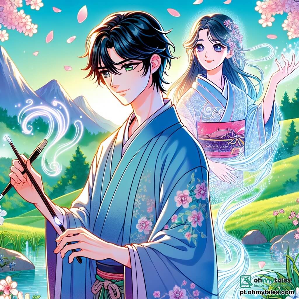 Um homem chamado Hiroshi, na casa dos trinta anos, está à beira de uma fonte cristalina, seu rosto expressando uma determinação suave e serena. Ele tem cabelos negros, ligeiramente ondulados, e usa um quimono tradicional azul decorado com padrões florais delicados. Em sua mão, ele segura um pincel de caligrafia, seus olhos brilhando de esperança e sabedoria. Ao seu lado, aparece a silhueta etérea de sua velha amiga, uma jovem de cerca de 25 anos, com longos cabelos flutuantes e um rosto que irradia uma luz suave e tranquilizadora. Ela sorri para Hiroshi, pronta para segui-lo no além. O cenário é um vale verdejante, cercado por montanhas majestosas, onde cerejeiras em flor soltam pétalas rosas no ar. A luz do sol filtra através dos galhos, criando sombras dançantes no chão. A cena principal mostra Hiroshi desenhando padrões luminosos no ar com seu pincel, enquanto o espírito de sua amiga emerge de uma abertura mágica, pronta para atravessar para um mundo de paz. As cores vibrantes e os detalhes encantadores evocam uma atmosfera de mistério e serenidade.