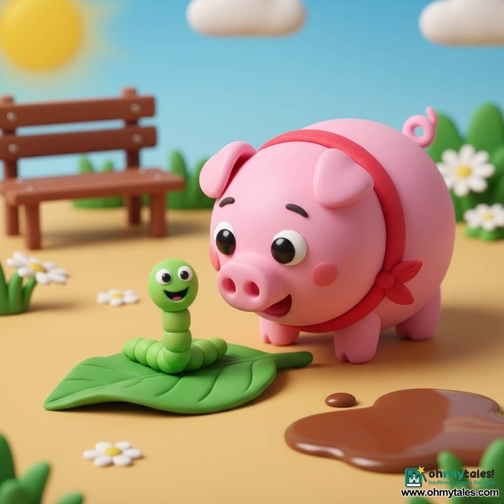 A joyful, excited candy-pink chubby pig with big shiny black eyes, rosy cheeks, a corkscrew tail and a small red scarf snuffling the ground with its snout near a large green leaf; a small bright green slender wiggly worm with tiny round eyes and a wide smile peeks and laughs from under the leaf just in front of the pig's snout. The sunny farmyard setting has a wooden bench, a shiny brown mud puddle, white daisies and a soft blue sky. Playful, innocent hide-and-seek with a joyful, colorful atmosphere and smooth, shiny clay-like textures.