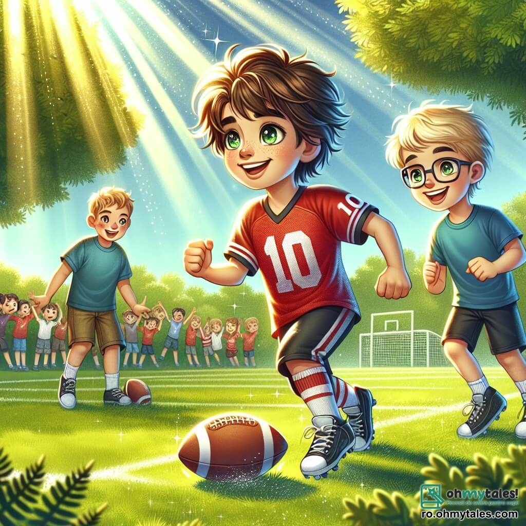 Un băiat tânăr pe nume Alex, de aproximativ 12 ani, este în centrul imaginii. Are părul castaniu zburli și ochi strălucitori de determinare, purtând un tricou de fotbal roșu cu numărul 10. Driblează cu abilitate un mingea de fotbal pe un teren verde, cu fața plină de entuziasm și concentrare. Lângă el, prietenul său David, un alt băiat de 10 ani, îl observă cu admirație. David are părul blond și ochelari, purtând un tricou albastru și pantaloni scurți negri. Ține o minge de fotbal în mâini, pregătit să se alăture jocului, stând puțin înapoi, zâmbind și încurajându-l pe Alex. Fundalul este un teren de fotbal însorit, înconjurat de copaci verzi și câțiva spectatori entuziaști pe margini. Cerul este albastru cu câteva nori albi, iar iarba este de un verde strălucitor, creând o atmosferă veselă și dinamică. Situația principală îl arată pe Alex în plină acțiune, driblând cu agilitate, în timp ce David îl încurajează, ilustrând astfel spiritul de echipă și prietenia care îi unește în pasiunea comună pentru fotbal.