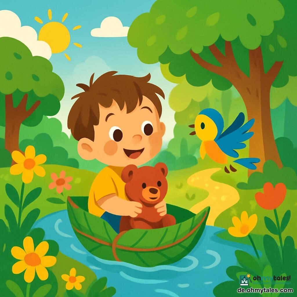 Ein kleiner Junge namens Ben, zwei Jahre alt, mit zerzausten braunen Haaren und neugierigen Augen, sitzt in einem kleinen Boot aus Blättern und Schnüren. Er lächelt erstaunt und hält seinen roten Teddybär fest. Neben ihm fliegt ein bunten Vogel mit gelben und blauen Federn fröhlich und lädt ihn zum Abenteuer ein. Der Ort ist ein wunderschöner sonniger Garten, gefüllt mit leuchtenden Blumen und großen grünen Bäumen, mit einem schimmernden Lichtweg, der zu einem geheimnisvollen Wald führt. Im Hintergrund murmelt ein kleiner Bach sanft, während Sonnenstrahlen durch die Blätter brechen und eine magische Atmosphäre schaffen. Die Hauptsituation zeigt Ben und den Vogel, die sich darauf vorbereiten, auf dem Bach zu fahren, umgeben von der Schönheit der Natur und bereit, eine Welt voller Überraschungen und Wunder zu erkunden.