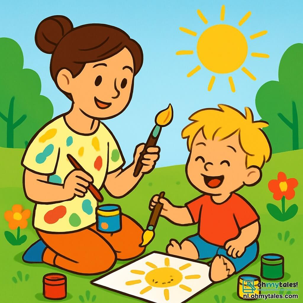 Een 2-jarig jongetje met rommelig blond haar en een grote blije glimlach zit op de grond, omringd door potten met kleurige verf. Hij draagt een rode t-shirt en een blauwe short en is bezig een grote, glanzende zon op een wit vel papier te schilderen. Zijn moeder, een vrouw van ongeveer 30 jaar met bruin haar in een knot, staat naast hem, glimlachend en aanmoedigend, met een penseel in de ene hand en een pot verf in de andere. Ze draagt een kleurige verfschort en kijkt trots naar haar zoon. De scène speelt zich af in een zonnige tuin vol kleurrijke bloemen met heldere bloemblaadjes en groene bomen op de achtergrond. De lucht is blauw en helder, en de zon schijnt, wat een blije, zomerse sfeer creëert. Het jongetje is geconcentreerd en gelukkig, enthousiast aan het schilderen, terwijl zijn moeder hem met genegenheid observeert, waardoor een magisch moment van creativiteit en gedeeld geluk ontstaat.