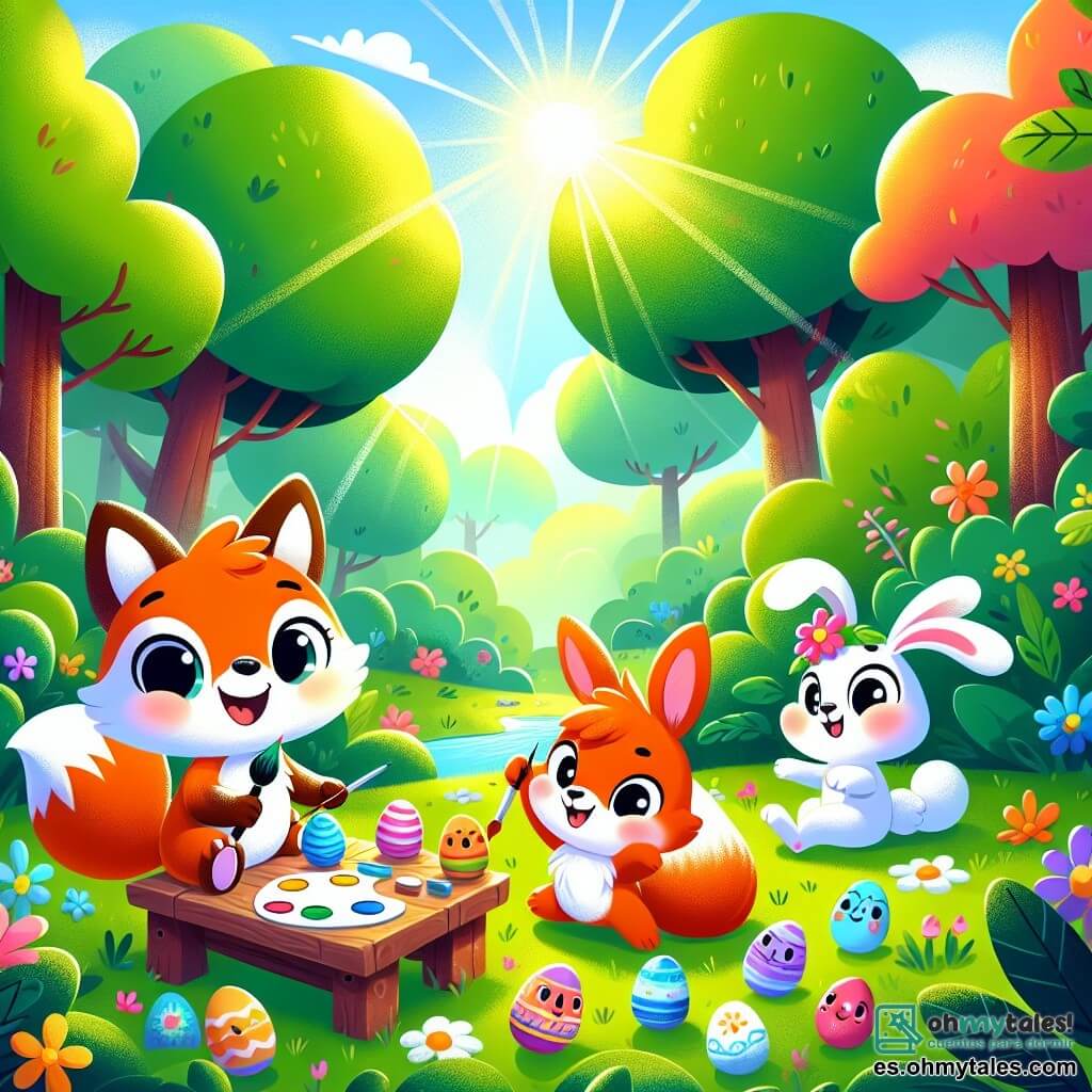 Un pequeño zorro llamado Rufi, con un pelaje naranja brillante y ojos chispeantes de curiosidad, está pintando huevos de Pascua coloridos en una mesa de madera. Sonríe alegremente, sosteniendo un pincel en su pata. A su lado, un pequeño conejo blanco llamado Boni, con grandes orejas y un aire emocionado, busca un huevo escondido en la hierba. Más lejos, una ardillita roja llamada Titi, con una cola esponjosa y ojos brillantes, descubre un huevo azul debajo de un arbusto, sonriendo de sorpresa. El lugar es un hermoso bosque primaveral, lleno de árboles con hojas verdes brillantes, flores coloridas que bailan al viento y rayos de sol que se filtran a través de las ramas. La situación principal muestra a Rufi, Boni y Titi en plena búsqueda de huevos de Pascua, rodeados de risas y colores, celebrando la amistad y la alegría de esta fiesta.