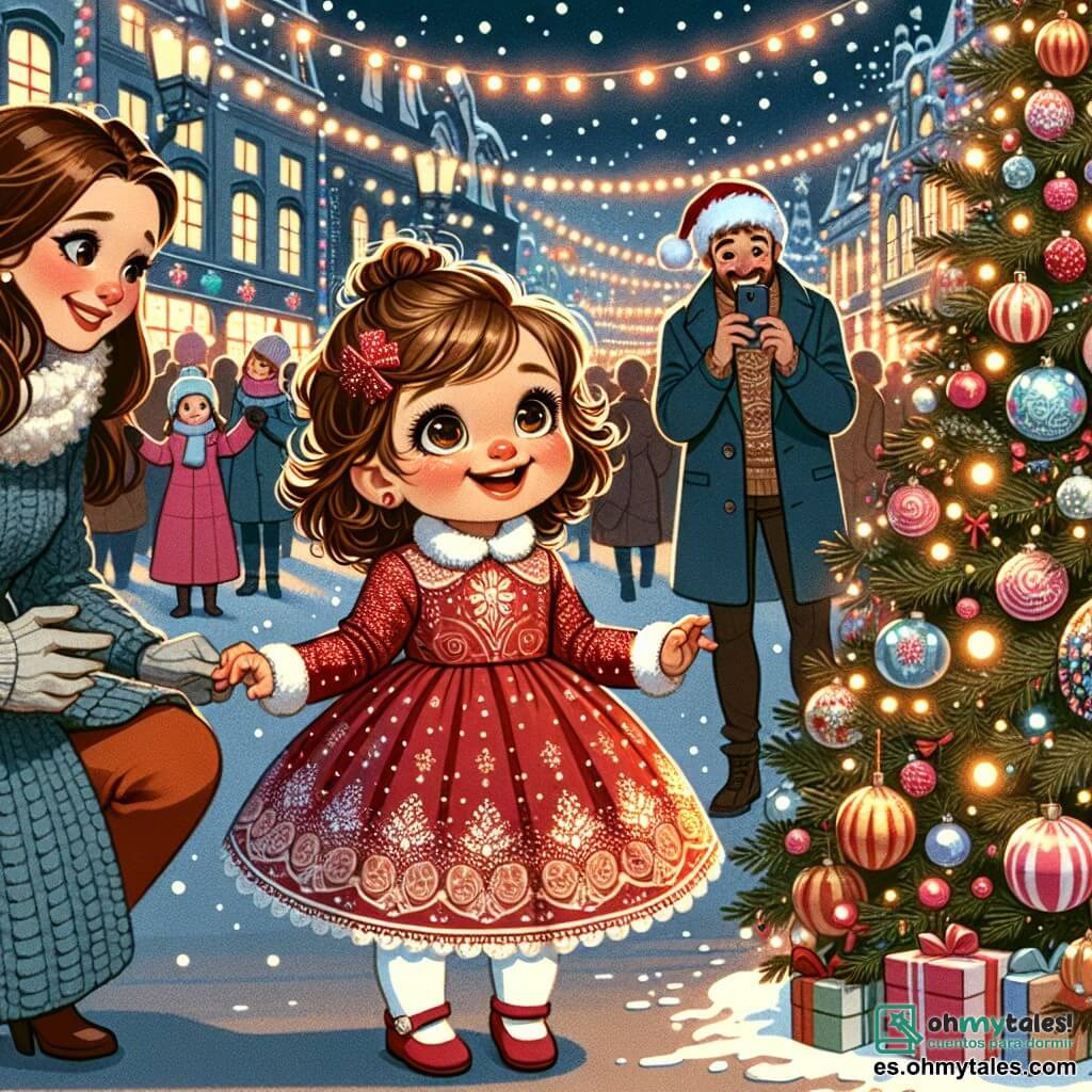 Una niña de 1 año, con grandes ojos brillantes y cabello rizado castaño, está en el centro de la imagen, sonriendo y asombrada, mirando un enorme árbol de Navidad decorado con luces brillantes y bolas de colores. Lleva un bonito vestido rojo con motivos de copos de nieve y medias blancas. A su derecha, su madre, una mujer de unos 30 años, con cabello largo y liso, vestida con un abrigo de lana azul, la mira con ternura, sonriendo y sosteniendo una pequeña bolsa de compras llena de decoraciones navideñas. A su izquierda, su padre, un hombre de unos 32 años, con barba castaña y un gorro de Navidad, está tomando una foto de Lila con su teléfono, riendo alegremente. El lugar es un mercado navideño animado, lleno de puestos coloridos, luces brillantes y guirnaldas, con copos de nieve cayendo suavemente del cielo. La situación principal muestra a Lila, maravillada por la magia de la Navidad, cantando alegremente con un pequeño reno de peluche a su lado, mientras su familia se agrupa a su alrededor, creando un momento cálido y festivo.