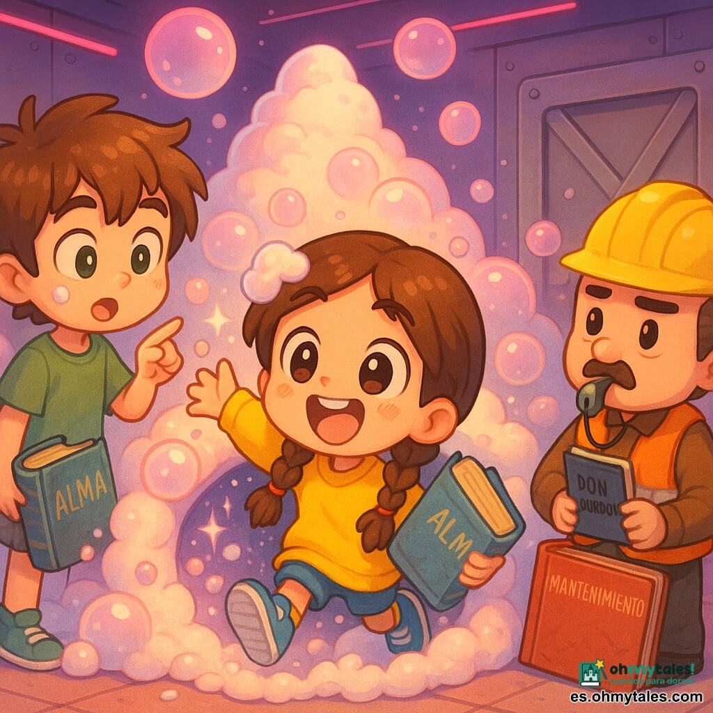 Alma, niña de 12 años, alegre y asombrada, con dos trenzas, sudadera amarilla y zapatillas azules, emerge riendo de una nube de espuma blanca y rosa sosteniendo un gran libro azul gastado; Leo, chico de 12, sorprendido y divertido, pelo castaño alborotado y camiseta verde, está a la izquierda señalando una burbuja en la frente de Alma y con una pequeña burbuja de espuma en la mejilla; Don Burbujón, hombre de 40‑50 años, serio pero benevolente, con pequeño bigote, casco fluorescente y chaleco naranja, está a la derecha junto a una compuerta metálica, con una libreta y un silbato; el gimnasio se ha transformado en un volcán de espuma con una montaña central de espuma brillante, burbujas gigantes translúcidas rosadas y blancas, paneles metálicos, luces neón rosas y una puerta de mantenimiento calzada con un gran libro rojo; escena principal: Alma sale por un tobogán túnel de espuma entre burbujas que estallan en purpurina, Leo la mira maravillado y Don Burbujón protege la compuerta con el libro, ambiente divertido, colores vivos y expresiones kawaii.