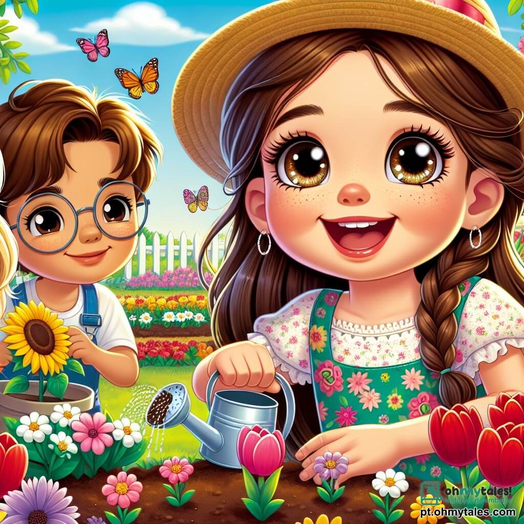 Uma menina de 8 anos, Lila, com longos cabelos castanhos e olhos cheios de curiosidade, sorri alegremente enquanto planta sementes de flores em um jardim colorido. Ela usa um vestido florido e um chapéu de palha, suas mãos estão sujas de terra, mas seu rosto brilha de excitação. Ao lado dela, seu amigo Miguel, um garoto de 8 anos com cabelos castanhos e óculos redondos, segura uma pequena pá e a observa com um grande sorriso, pronto para ajudar. Um pouco mais longe, Sofia, outra amiga de 8 anos com cabelos loiros e tranças, rega as plantas com um regador, seus olhos brilhando de entusiasmo. O jardim está cheio de flores vibrantes de todas as cores: tulipas vermelhas, margaridas brancas e girassóis amarelos, enquanto borboletas coloridas voam ao redor deles. O céu está azul e ensolarado, e a grama é verde e fresca, criando uma atmosfera alegre e primaveril. A cena principal mostra Lila e seus amigos plantando sementes, celebrando a magia da primavera e sua amizade através da jardinagem.