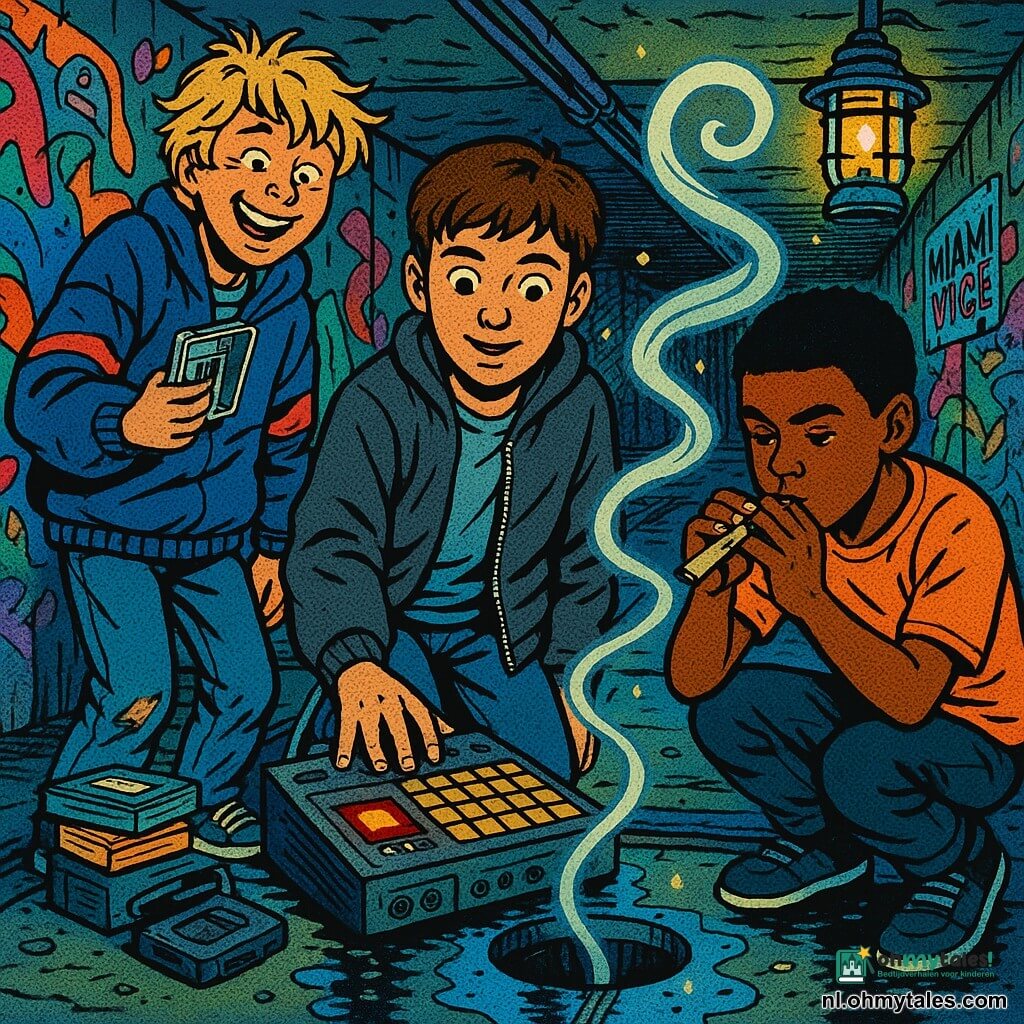 Drie jongens in een lage, smalle kelder onder een stads sportveld: Noor (11) knielt centraal bij een stoffige vierkante drumcomputer met een hand erop, Sem (11) links lacht nerveus terwijl hij een halfopen cassette vasthoudt, Javi (12) rechts hurkend blaast geconcentreerd in een zelfgemaakte papieren fluit; betonnen muren vol kleurige graffiti en vervaagde stickers "MIAMI VICE", natte vloer met plasreflecties, knipperende geelgroene lantaarn, stapels cassetteboxen en een kapotte walkman; ze proberen drie klanken te harmoniseren — elektronische thump van de drumcomputer, een fluitende wind weergegeven als een doorschijnende spiraal boven een grondgat, en een metalen piep van een rail in een goot — stofdeeltjes glinsteren in het licht, verwonderde concentratie, magische stedelijke sfeer met felle contrasten, verzadigde kleuren en scherpe lijnen zoals popart.