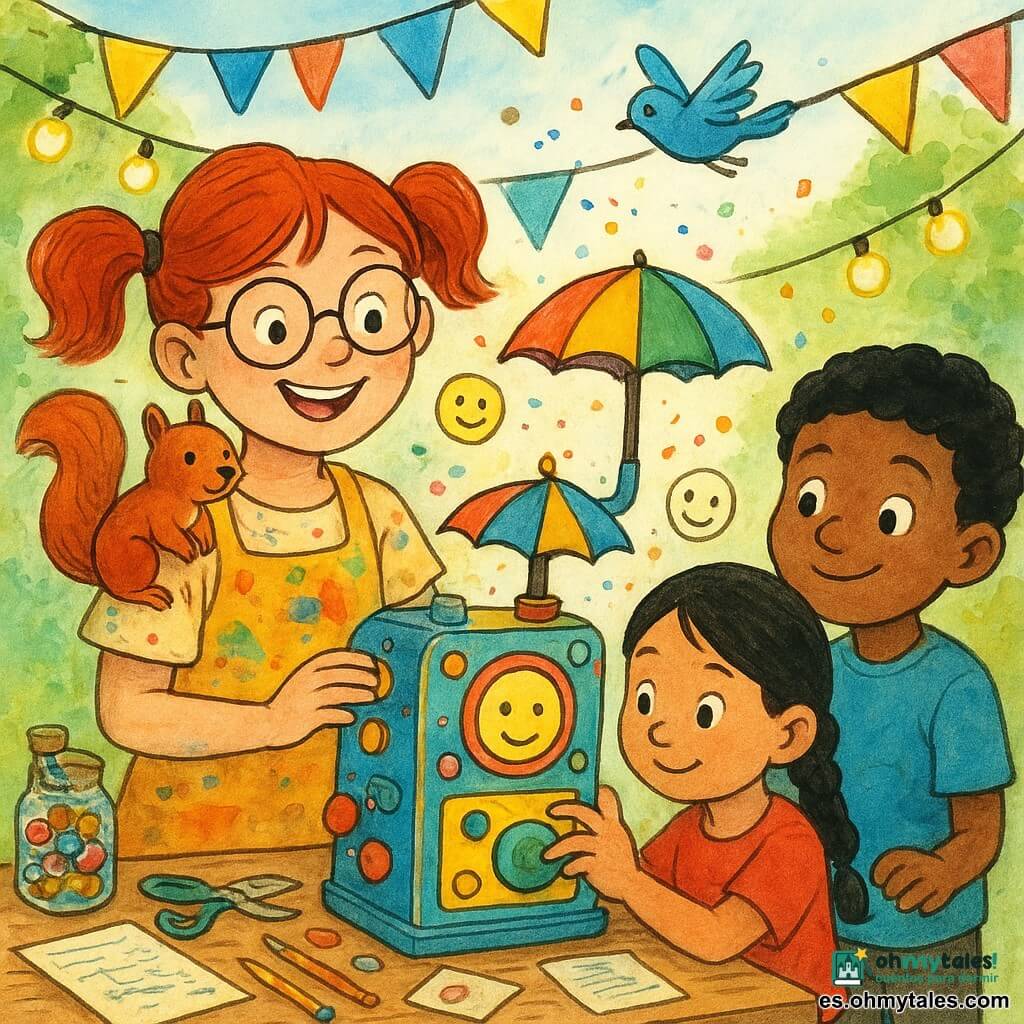 Lía, joven inventora sonriente de cabello rojizo en coletas y gafas redondas, lleva una bata manchada y sostiene una pequeña máquina colorida con un parasol y botones; Sofi, niña de ~7 años con trenza, pega pegatinas en la máquina; Tomás, niño de ~8 años, presiona un gran botón verde mientras sonríe; Chispa, ardilla rojiza en el hombro de Lía, y Pío, pajarito azul volando sobre la máquina, observan; todo en un puesto de festival al aire libre con banderolas y luces, mientras la máquina atrapa sonrisas: luces parpadean, el paraguas gira y caritas de papel flotan en ambiente cálido y festivo.