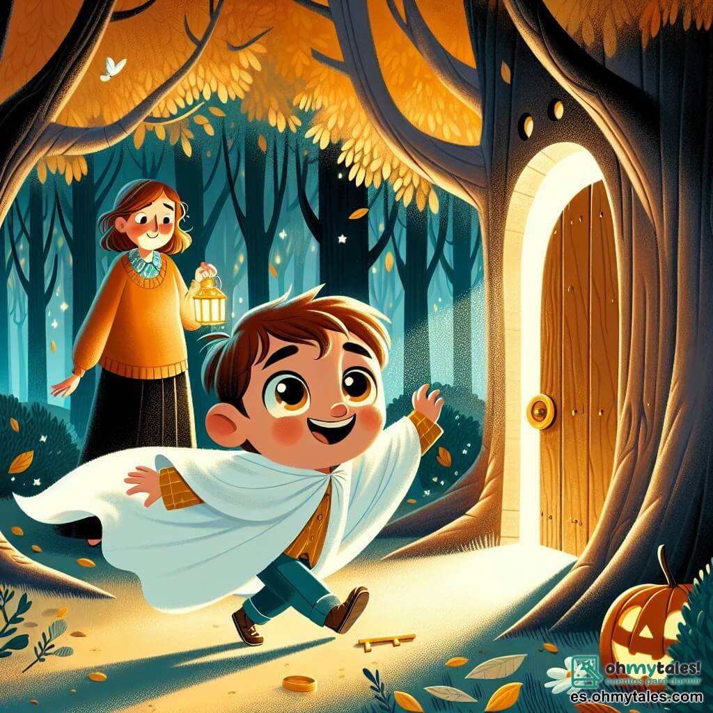 Un niño de 4 años, Miguel, con cabello castaño y ojos brillantes, disfrazado de fantasma con una gran sábana blanca, corre alegremente en un parque oscuro y misterioso. Tiene una gran sonrisa en el rostro, lleno de emoción y curiosidad. A su lado, su mamá, una mujer de unos treinta años con cabello castaño y un suéter naranja, lo mira con ternura mientras sostiene una pequeña linterna que ilumina su camino. El parque está lleno de árboles con hojas doradas y sombras danzantes, con una ligera bruma que añade un toque de misterio. En el centro de la ilustración, una pequeña puerta de madera, escondida en el tronco de un gran árbol, está entreabierta, dejando entrever una luz suave y acogedora. La escena principal muestra a Miguel descubriendo una llave dorada que encontró en el suelo, mientras se acerca a la puerta mágica, listo para abrirla y entrar en un mundo de aventuras y sorpresas.