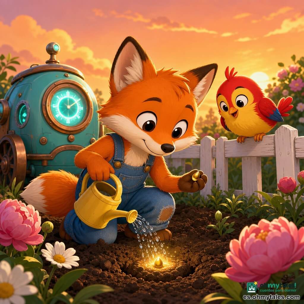 Personaje principal: un pequeño zorro antropomórfico de pelaje naranja con zonas blancas, ojos grandes y expresión dulce, de rodillas, con peto azul algo gastado, sosteniendo en la izquierda una pequeña semilla brillante y en la derecha una regadera amarilla; personaje secundario 1: una máquina del tiempo redondeada lacada en turquesa con ruedas de cobre y un dial luminoso, aparcada detrás y emitiendo un resplandor amigable; personaje secundario 2: un pájaro redondo y colorido, plumaje rojo y amarillo, amigo del zorro, posado en la valla de madera a la derecha mirando la semilla; lugar: un pequeño jardín cerrado y cálido con tierra oscura y húmeda, flores grandes y coloridas (pivoines y margaritas), una cerca blanca y un cielo de atardecer anaranjado; situación: el zorro planta la semilla en un hoyo recién hecho, riega suavemente con gotas brillantes y la semilla emite un pequeño halo dorado, escena tranquila y esperanzadora.