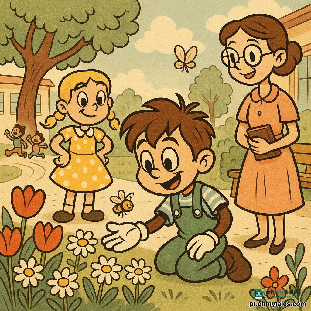 Miguel, um menino de 6 anos, sorridente e determinado, cabelo castanho bagunçado, olhos expressivos, veste camisa listrada azul-claro e jardineira verde, ajoelhado junto a um canteiro, estende a mão com cuidado para mostrar uma pequena abelha sem assustá‑la; Clara, menina de 6 anos, cabelos loiros em duas tranças, vestida com vestido amarelo de bolinhas brancas, está um pouco atrás à esquerda, admirando Miguel com as mãos na cintura; a professora Sofia, cerca de 30 anos, cabelo castanho preso em coque baixo, óculos redondos e vestido em tons pastéis, sorri benevolente segurando um caderninho perto de um banco de madeira à direita; cena na escola na primavera com piso claro, canteiros de tulipas vermelhas e margaridas brancas, árvores de folhas verdes e um grande carvalho ao fundo, céu azul claro com nuvens; Miguel protege as flores e pede às crianças que brinquem mais adiante, que saem rindo rumo a uma linha de corrida desenhada no chão enquanto abelhas e borboletas voam sobre as flores; estilo: cores vivas e contrastadas, contornos pretos grossos, proporções exageradas tipo cartoon retrô, texturas planas e sombras simples, atmosfera alegre e acolhedora.