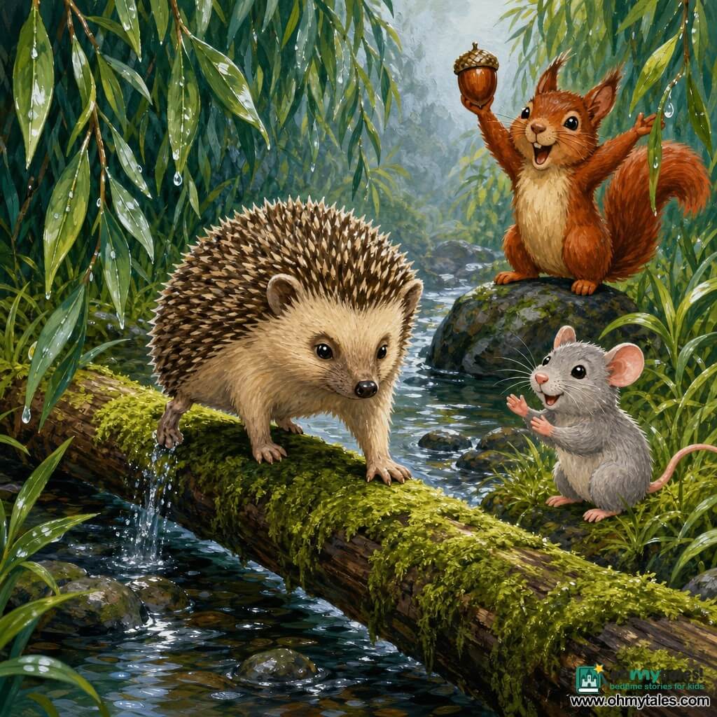 Poppy, a small brown-ivory hedgehog with soft rounded spines and a slightly smaller, bent right hind leg, pauses on a mossy log in a willow hollow, face concentrated but serene, chest swelling with a slow, deliberate breath; Mallow, a pale gray mouse with bright eyes, stands on the near right bank smiling and encouraging with a tiny paw raised as if to applaud; Bristle, a red squirrel with large ears, perches on a rock at the back, mouth open in a cheer and holding a shiny acorn; the narrow stream setting features a slippery moss-covered log, rain drops on leaves, silver reflections on the water, wet grasses and light morning mist, the composition centered on the log with soft green and warm brown contrasts, palpable moss texture and small splashes around the paws.
