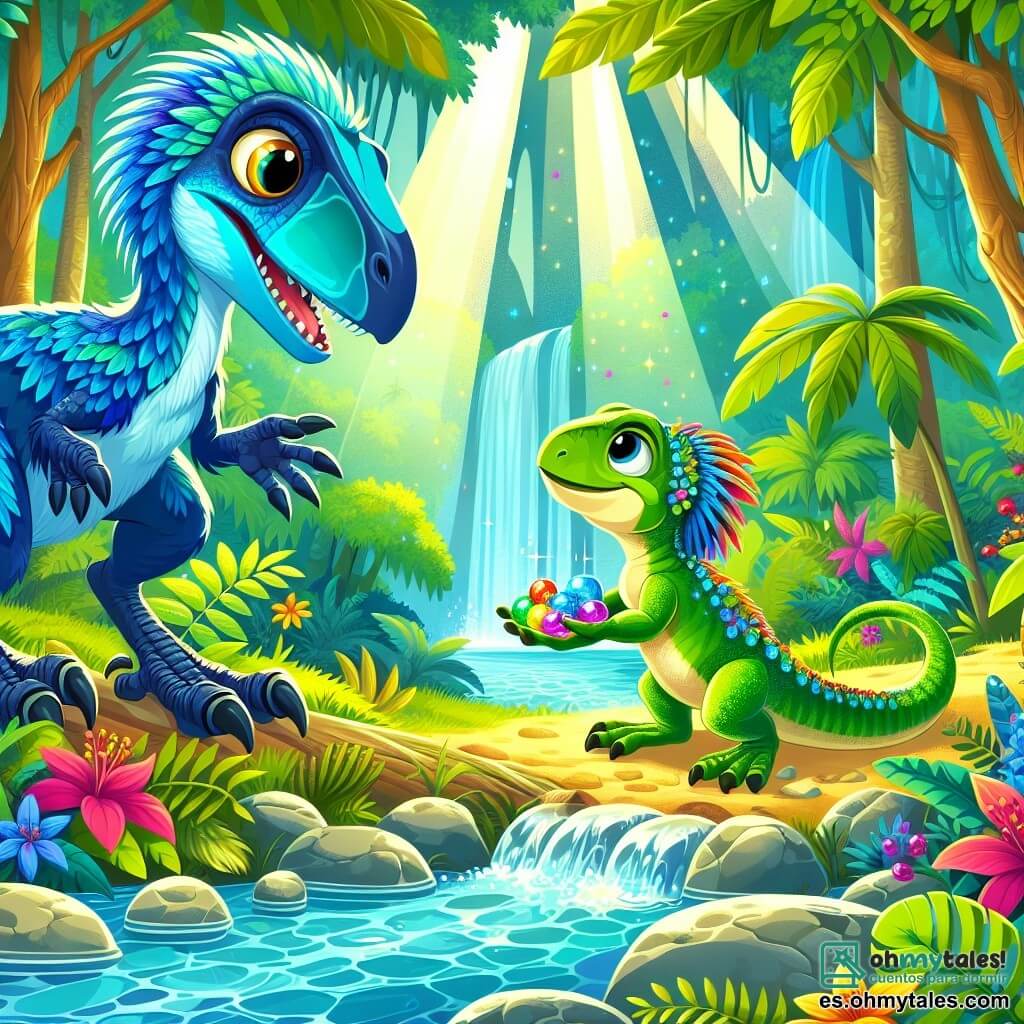 Un velociraptor llamado Raptorino, con plumaje verde azulado brillante y ojos chispeantes de curiosidad, está al borde de un arroyo cristalino, mirando con asombro a una pequeña iguana llamada Lila, que tiene piel verde y escamas brillantes, recogiendo frutas coloridas de un árbol. Lila, llena de energía, está justo al lado de Raptorino, sonriendo y sosteniendo una fruta en sus pequeñas patas. Al fondo, se extiende una jungla exuberante, con árboles gigantes de hojas esmeralda, flores brillantes y rayos de sol filtrándose a través del follaje, creando una atmósfera mágica. La escena principal muestra a Raptorino y Lila, intrigados por un misterioso murmullo que proviene de la cueva de los ecos, listos para partir juntos en una aventura para descubrir su origen.
