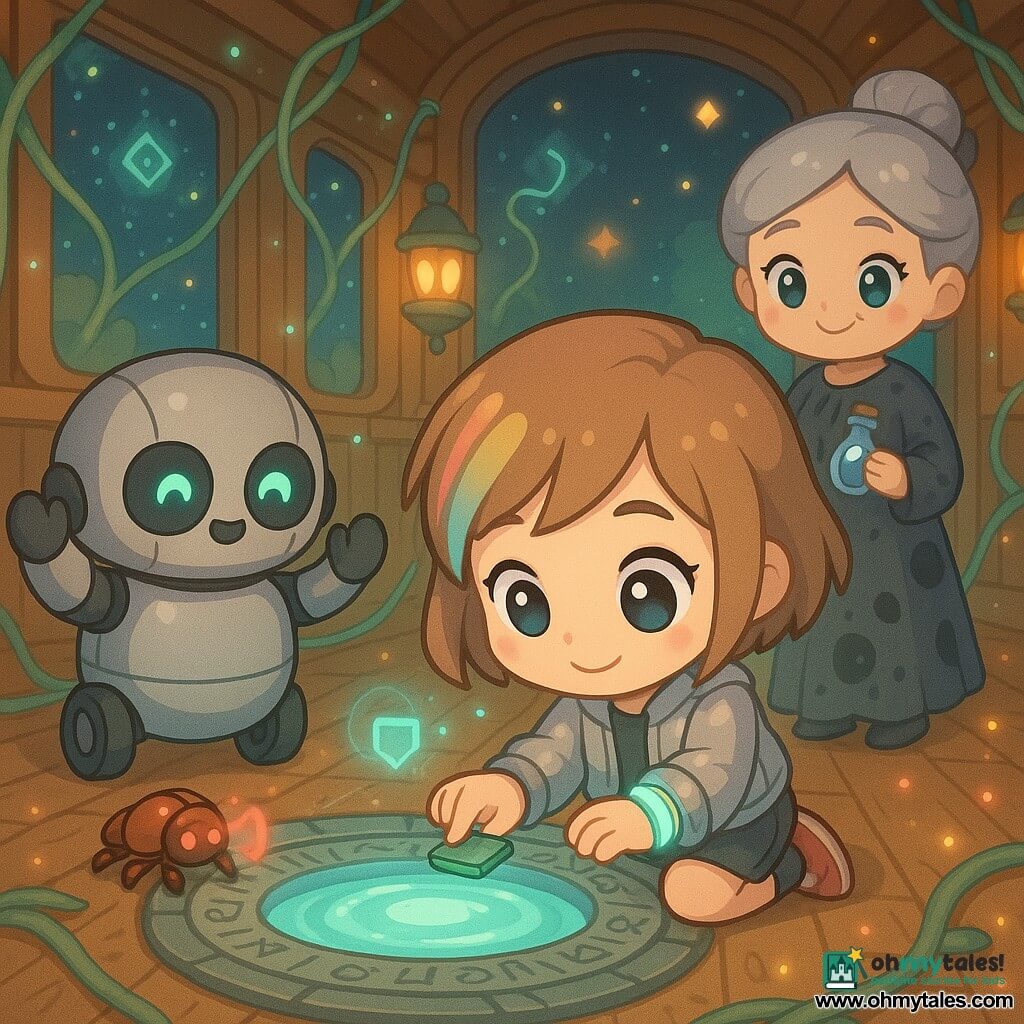 An 8-year-old girl with short light-brown hair and a colored streak, wearing a silver jacket and a glowing Balance Band bracelet, kneels before a glowing bluish-green circular basin (the Heartwell) and gently places a small green square Melody Chip into a runic slot; behind her to the left stands Orlo, a child-sized round maintenance robot with smooth metal, friendly LED eyes, raised mechanical arms and visible wheels, and in front of her sits a tiny copper beetle micro-cleaner drone blinking and projecting a minuscule hologram; to the right, Auntie Juno, about 45, with silver hair in a bun and an ink-patterned dress, watches kindly holding a vial of luminous ink; the central carriage interior shows runic rings, vine-like luminous cables, glass panels scattering stars and floating icons, polished wood and satin metal in a warm mint atmosphere, as the basin’s light smooths into soft waves, magiotech lanterns ignite and colored sparks drift in a calm, collaborative repair moment.