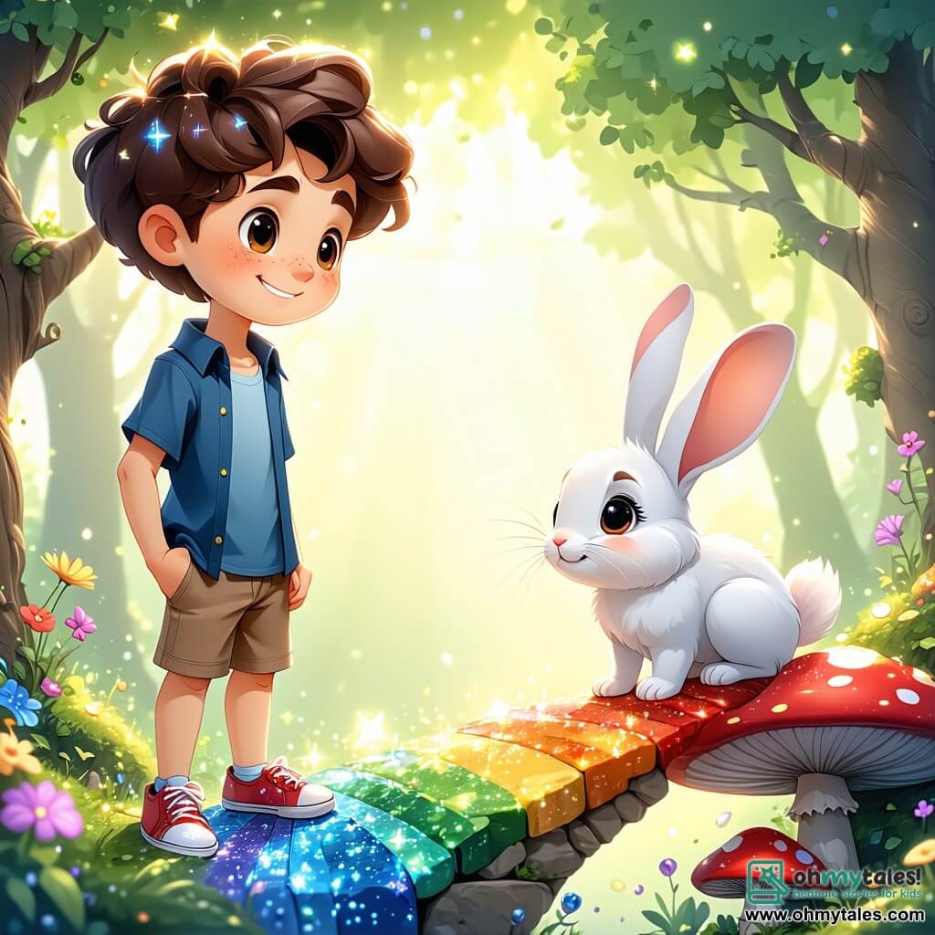A 5-year-old boy named Oliver, with curly brown hair, sparkling star-like eyes, and a big smile, stands on a shimmering rainbow bridge. He shows an expression of determination and excitement, ready to help his friends. Beside him is a small rabbit named Benny, with soft white fur and large ears, looking at Oliver with hopeful eyes, sitting under a colorful mushroom. The setting is the Land of Laughter, a magical landscape where trees laugh and flowers sing, with bright colors and rainbows lighting up the sky. The main scene shows Oliver and Benny on the bridge, surrounded by twinkling lights, as they prepare to help the Fairy of Laughter find her lost magical dust, filled with joy and adventure.