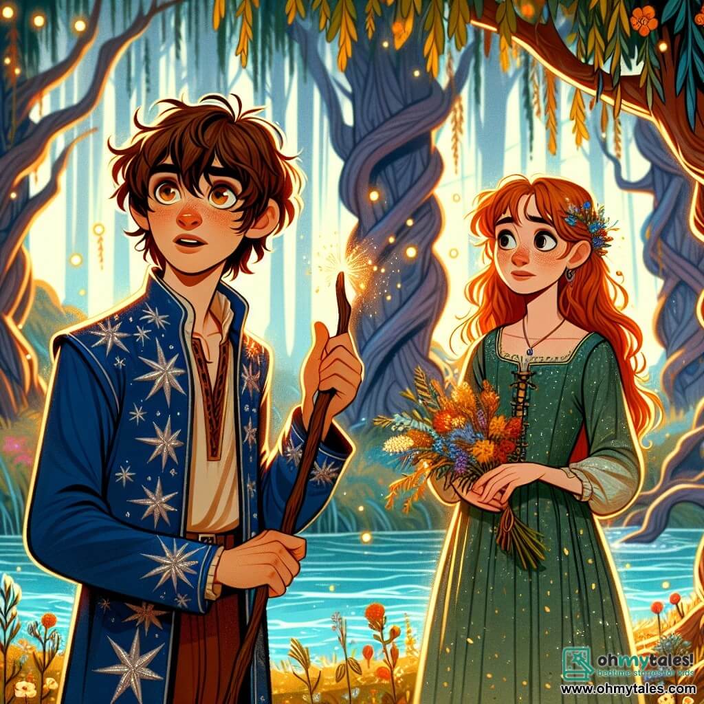 A young boy, Arthur, a twelve-year-old apprentice wizard, stands by a shimmering river, his face marked by wonder and excitement. He has messy chestnut hair, bright curious eyes, and wears a blue velvet tunic adorned with silver star patterns. In his hand, he holds a rowan wood wand, ready to uncover the mysteries around him. Beside him is a twelve-year-old girl named Mira, with fiery hair and dark eyes. She wears a green linen dress sprinkled with wildflowers and holds a bouquet of flowers, observing them with a determined expression. She stands slightly back, looking at Arthur with a mix of support and concern. The setting is an enchanted glade surrounded by tall, gnarled trees with shimmering leaves, bathed in the golden light of the setting sun. Golden petals gently fall from the branches, creating a magical and welcoming atmosphere. The main scene shows Arthur and Mira in front of a majestic tree, the heart of the woods, where Arthur is about to plant a golden acorn, symbolizing their quest to break an ancient curse. The air is filled with magic, and a gentle breeze makes the leaves dance around them, while a soft glow emanates from the tree, promising forthcoming revelations.