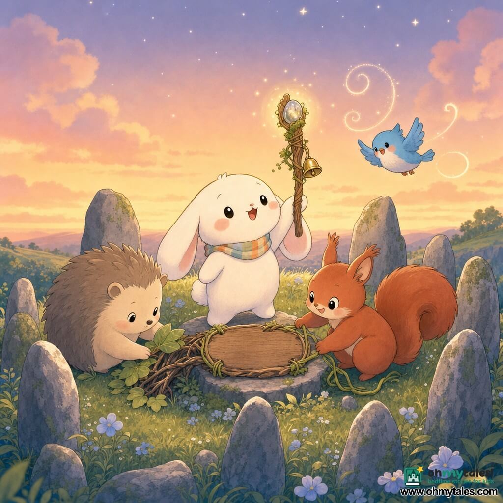 Milo, a small white rabbit with long floppy ears and a striped scarf, stands proudly holding a braided wooden explorer's wand with moss, an inset shiny pebble and a tiny bell, placing it by a small bark plaque; to his right Lila, a red squirrel with curious eyes, crouches smiling and holds a vine to fasten the plaque, to his left Juno, a round beige hedgehog, looks gentle and focused holding leaves to reinforce a little root bridge, and Bea, a cheerful light-blue bird, flies above tracing spirals with her wings; on a grassy hilltop at dusk within a circle of ancient stones around a wooden slab, pale blue flowers and soft grass under an orange sky with the first stars, the group quietly celebrates as they set a small engraved plaque reading For explorers who seek kindness, the wand glowing softly, warm solemn pastel colors, simple rounded shapes.