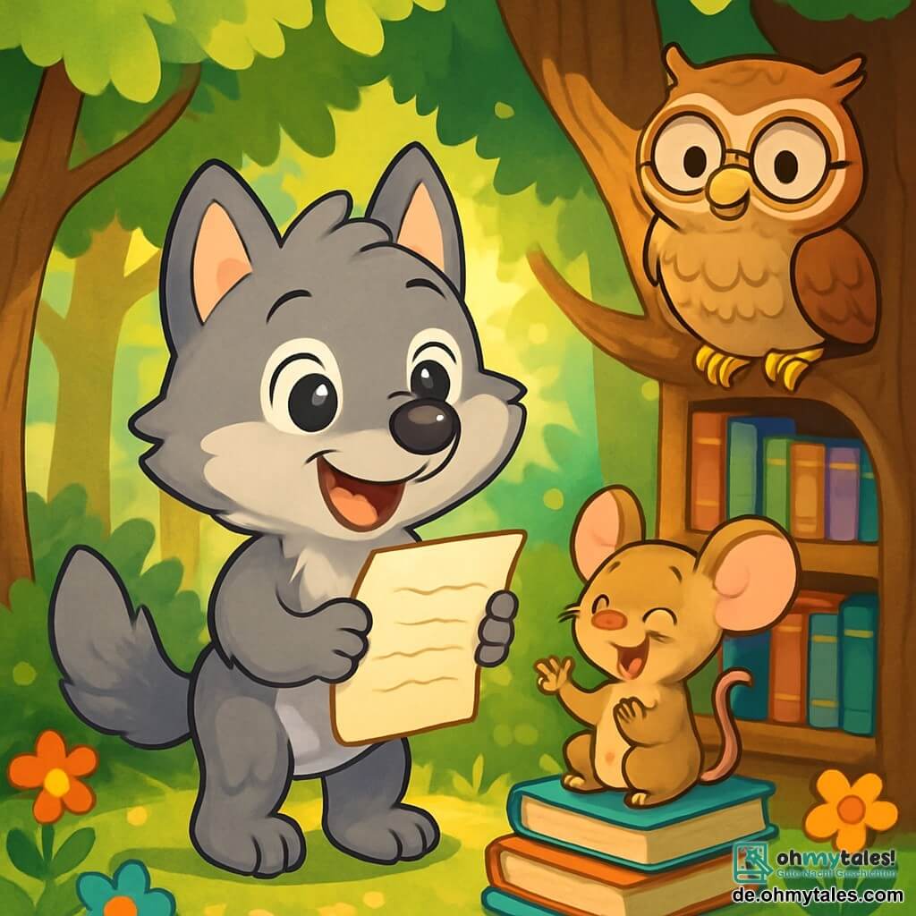 Ein kleiner Wolf namens Wolli, mit weichem grauem Fell und großen, strahlenden Augen, hält eine Liste in seinen Vorderpfoten und lächelt begeistert. Er steht in einem verwunschenen Wald, umgeben von majestätischen Bäumen mit leuchtend grünen Blättern und bunten Blumen, die im Wind tanzen. Neben ihm sitzt eine kleine Maus namens Mimmi, mit hellbraunem Fell und großen, neugierigen Ohren, die Wolli bewundernd anblickt, während ihr Gesicht vor Freude strahlt. Sie sitzt auf einem Stapel Bücher, bereit zu helfen, während ein weiser Uhu, Herr Eule, mit braunen Federn und runden Brillen, sie von einem Ast aus beobachtet und ein wohlwollendes Lächeln zeigt. Die Szene spielt sich in einer magischen Waldbibliothek ab, wo Bücher mit funkelnden Einbänden auf Holzregalen stehen und das Sonnenlicht durch die Äste filtert, goldene Muster auf den Boden zaubert. Wolli, voller Aufregung, präsentiert stolz seine Dankesliste an seinen Papa, während Mimmi fröhlich applaudiert und Herr Eule sie mit einem weisen Blick ermutigt.