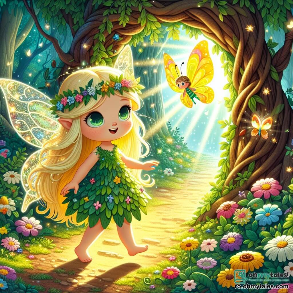 O mică zână numită Luminica, cu aripi delicate strălucind ca petalele florilor, stă în centrul scenei, fața ei radiază curiozitate și uimire. Are părul lung și auriu, presărat cu stele mici, și poartă o rochie din frunze verzi și flori colorate. Luminica explorează o deschizătură misterioasă într-un boschet, pregătită să intre într-o lume magică nouă. Lângă ea, Fluturia, o flutură galbenă strălucitoare, zboară vesel în jurul ei, aripile ei vibrante reflectând lumina soarelui. Fluturia are o privire jucăușă și încurajatoare, gata să o sprijine pe Luminica în aventură. Locul este o pădure fermecată, unde lumina soarelui filtrează printre frunzele dese, creând modele de lumină și umbră pe solul acoperit cu flori multicolore și mușchi moale. Arborele majestuoase, cu trunchiuri groase și ramuri împletite, înconjoară scena, adăugând o notă de mister. Situația principală o arată pe Luminica apropiindu-se cu precauție de deschizătură, o deschidere luminoasă în boschet, unde străluciri de lumină și culori vii par să o invite să intre într-un tărâm ascuns, plin de promisiuni și aventuri.