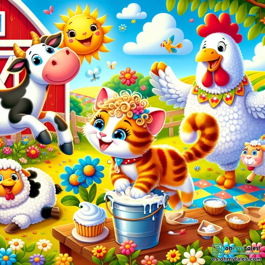 Un gato llamado Miau, con pelaje rayado naranja y ojos brillantes de curiosidad, salta de alegría en el centro de una granja colorida, rodeado de flores y vegetación. A su derecha, una vaca blanca con manchas negras, sonriente, sostiene un cubo de leche fresca, lista para servir. A su izquierda, un gallo con plumas brillantes de rojo y amarillo canta alegremente, mientras una suave oveja lanosa, con una gran sonrisa, se prepara para colocar un pastel en forma de flor sobre una mesa de madera. La escena tiene lugar en una granja soleada, con un granero rojo de fondo, campos verdes y un cielo azul salpicado de nubes blancas. Miau y sus amigos se divierten preparando una fiesta llena de risas y alegría, mientras un pequeño perro travieso se acerca, listo para hacer travesuras.