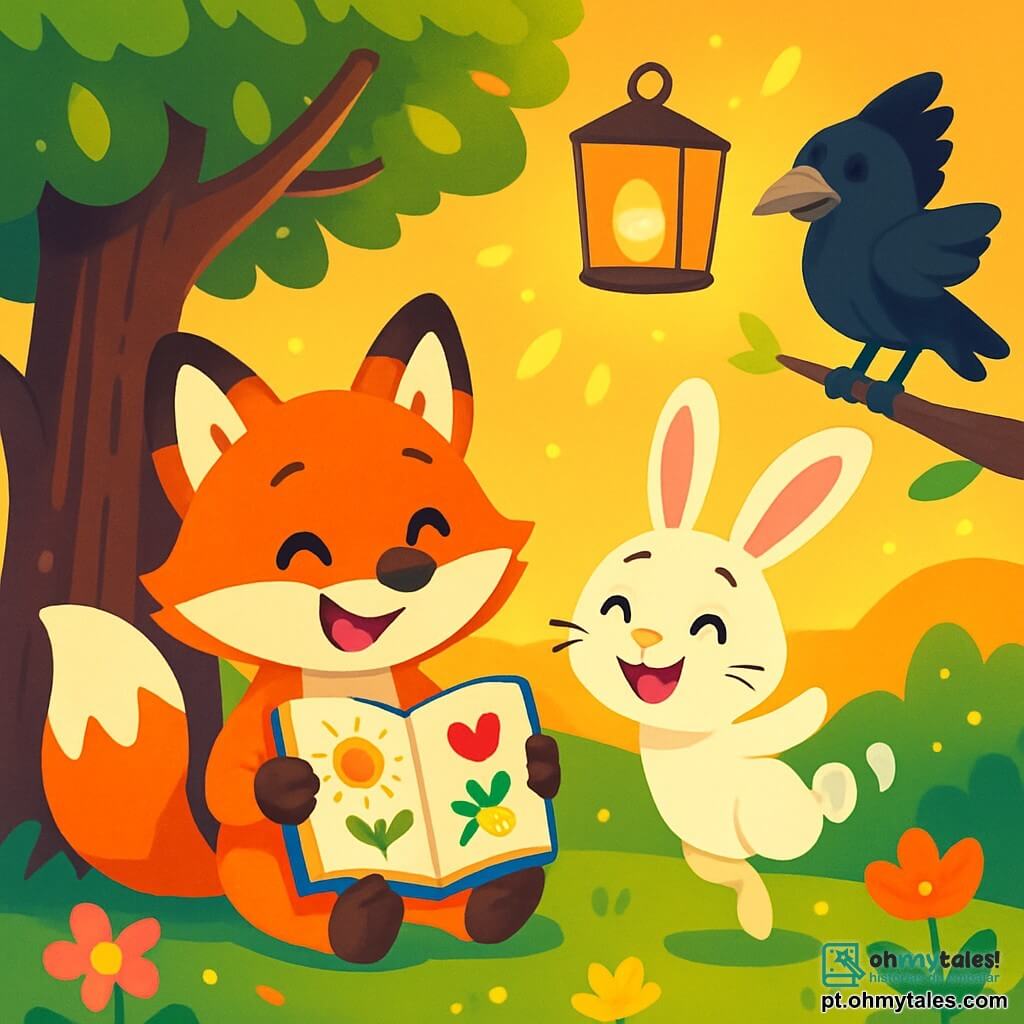 Um pequeno raposo de pelagem laranja vibrante e olhos brilhantes, chamado Rafi, sorri alegremente segurando um caderno colorido cheio de desenhos e palavras. Ele está sentado sob uma grande árvore de folhas brilhantes, com uma expressão curiosa e maravilhada. Ao seu lado, um coelhinho branco travesso chamado Nino, com grandes orelhas eretas e um sorriso brincalhão, observa o caderno com fascinação, pulando alegremente com as patas traseiras no ar, cheio de entusiasmo. Um pouco mais longe, uma corvo sábia de penas pretas e brilhantes, chamada Lila, observa a cena com um olhar benevolente, empoleirada em um galho, com as asas levemente abertas, pronta para compartilhar sua sabedoria. O local é uma floresta encantada, banhada pela suave luz dourada do sol poente, com flores coloridas e folhas cintilantes dançando ao vento. A situação principal mostra Rafi, Nino e Lila compartilhando seus pensamentos de gratidão, cercados pela magia da floresta, enquanto uma lanterna luminosa flutua suavemente acima deles, iluminando seus rostos alegres.