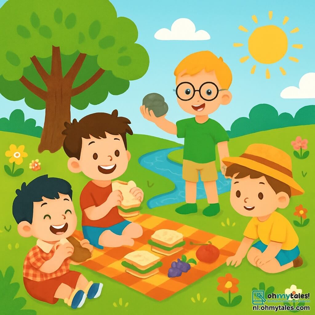 Er zijn 4 kinderen: - Tom: een 7-jarig jongetje met rommelig bruin haar en sprankelende ogen. Hij draagt een rode t-shirt en een blauwe short. Hij zit op de deken, glimlachend, met een sandwich in zijn hand. - Max: een 6-jarig jongetje met blond haar en ronde brillen. Hij draagt een groene t-shirt en bermuda's. Hij staat bij de rivier en wijst naar een grote steen die hij heeft gevonden. - Sam: een 5-jarig jongetje met kastanjebruin haar en een strohoed. Hij draagt een gele t-shirt en een gestreepte short. Hij zit op zijn hurken en kijkt naar een mooie kleine bloem bij zijn voeten. - Finn: een 4-jarig jongetje met zwart haar en ronde wangen. Hij draagt een geruite blouse en een rode short. Hij zit naast Tom, lacht en neemt een hap van een stuk brood. De locatie is een mooi groen park met een grote boom met dicht loof en een glinsterende rivier die zachtjes stroomt. Kleurrijke bloemen omringen het pad, en er ligt een geruite deken op het gras, vol met heerlijke sandwiches en fruit. De situatie toont de kinderen die genieten van een vrolijke zomerse picknick, lachend en spelend samen, omringd door de stralende en zonnige natuur.