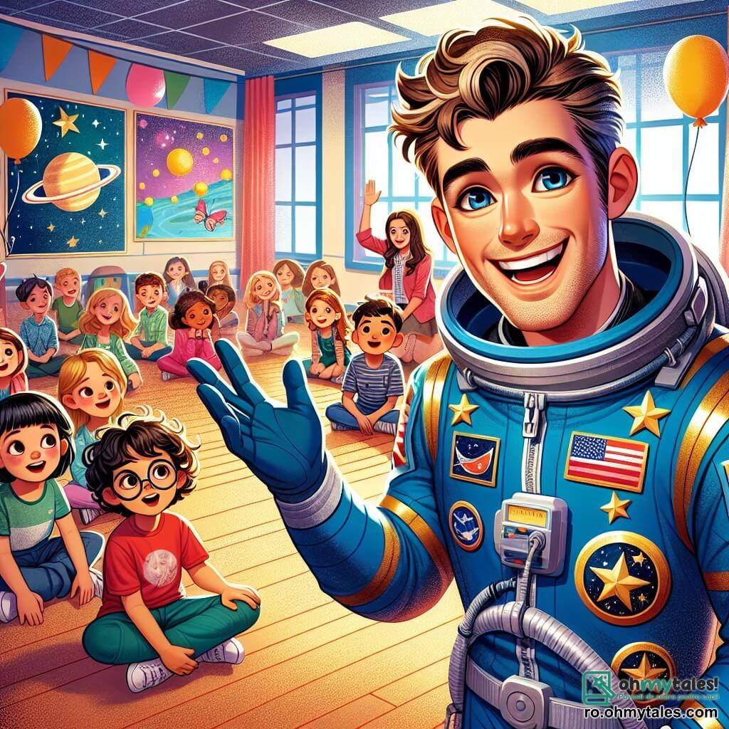 Un bărbat astronaut, Alex, zâmbitor și entuziast, poartă un costum spațial albastru împodobit cu insigne aurii care reprezintă stele. Ochii săi strălucesc de curiozitate și entuziasm în timp ce se află în fața unui grup de copii, toți captivați de povestea lui. Printre copii, o fetiță de 10 ani, cu părul creț și ochelari rotunzi, ridică mâna cu un aer uimit, pregătită să pună o întrebare. Un băiat de 9 ani, îmbrăcat cu un tricou roșu și cu părul dezordonat, ascultă cu atenție, cu ochii mari, așezat pe podea în fața lui Alex. Scena are loc într-o sală de sport luminoasă, cu pereți colorați și afișe cu planete și stele. Balonii plutesc de-a lungul tavanului, adăugând o atmosferă veselă și jucăușă. Alex explică cu pasiune aventurile sale în spațiu, înconjurat de copii curioși care îl ascultă cu atenție, fețele lor fiind iluminate de uimire și imaginație.