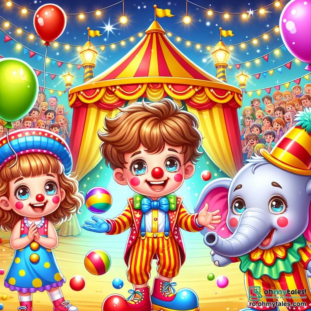 În centrul imaginii, Andrei, un băiat de 8 ani cu părul castaniu și un zâmbet mare, poartă un costum de clown colorat cu un nas roșu și pantofi mari. El jonglează cu mingi colorate, având ochii strălucind de bucurie. La dreapta lui, Maria, o fetiță de 7 ani cu părul ondulat și o rochie roz, aplaudă cu entuziasm, obrașele ei fiind rumene de emoție. La stânga, Ionuț, un băiat de 9 ani purtând o pălărie mare de clown, râde în hohote ținând o banană, pregătit să o ofere unui elefant. În fundal, cortul circului se ridică măreț, cu dungi roșii și galbene care strălucesc sub soare. Baloane colorate plutesc în aer, iar lumini sclipitoare decorează intrarea. Spectatorii uimiți stau în jur, unii ținând vată de zahăr. Scena îi arată pe Andrei, Maria și Ionuț în acțiune, înconjurați de animale de circ, cu elefanți dansând și câini sărind prin cercuri, creând o atmosferă festivă și veselă.