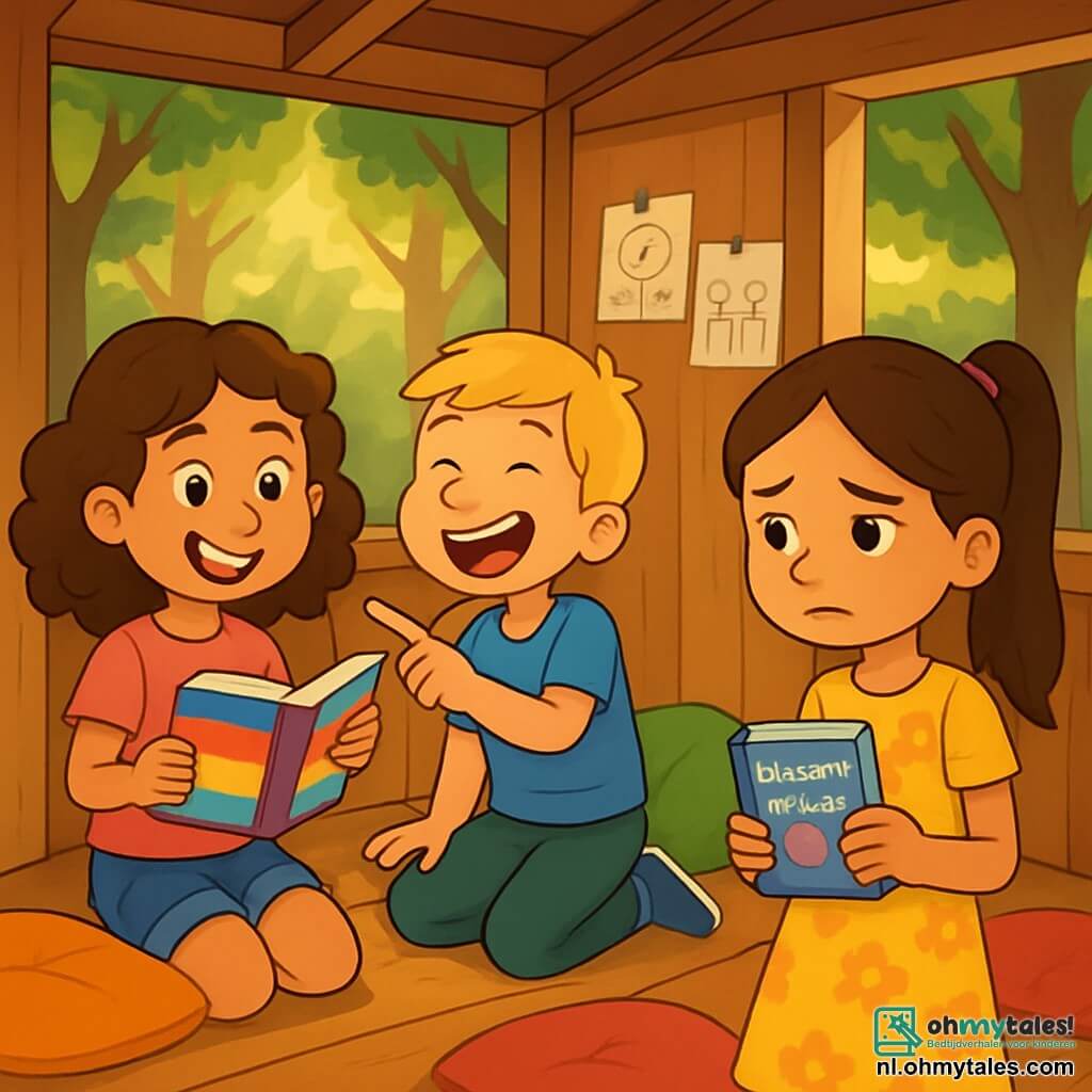 Er zijn 3 personages: - Lisa: een 10-jarig meisje met krullend bruin haar, in een roze t-shirt en een spijkerbroek. Ze glimlacht vrolijk en houdt een kleurrijk boek in haar handen. - Joep: een 10-jarige jongen met kort blond haar, in een blauw t-shirt en groene broek. Hij lacht en wijst naar iets grappigs. - Sara: een 10-jarig meisje met lang, steil haar in een paardenstaart. Ze draagt een gele bloemenjurk en heeft een zowel verdrietige als vastberaden uitdrukking. Ze houdt een klein notitieboekje vast. De drie vrienden zijn in hun houten clubhuis, omringd door majestueuze bomen in een groene bos. Zonnestralen filteren door de bladeren en creëren een warme, uitnodigende sfeer. Binnen liggen kleurrijke kussens op de vloer en hangen tekeningen aan de muren. De hoofdscene toont de drie vrienden die samen aan hun vriendschapsboek werken, met glimlachen op hun gezichten, terwijl Sara, een beetje verdrietig, het notitieboekje met genegenheid bekijkt en zich hun waardevolle herinneringen herinnert.