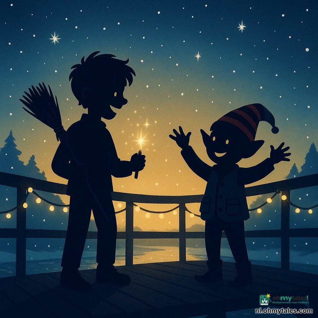 Een 10-jarige jongen, Bram, met warrig bruin haar en een verwonderde glimlach, houdt een oude houten bezem vast, omringd door kleine lichtgevende vonkjes. Naast hem staat een ondeugende elf genaamd Flik, met een jas met veel zakken en een kleurrijke muts, die zijn armen in vreugde heft. Ze staan op een brede en oude houten brug, verlicht door fonkelende lichtslingers, die een rustige en besneeuwde rivier overspant. De scène speelt zich af onder een sterrenhemel, met zacht vallende sneeuwvlokken om hen heen, wat een magische en feestelijke sfeer creëert.