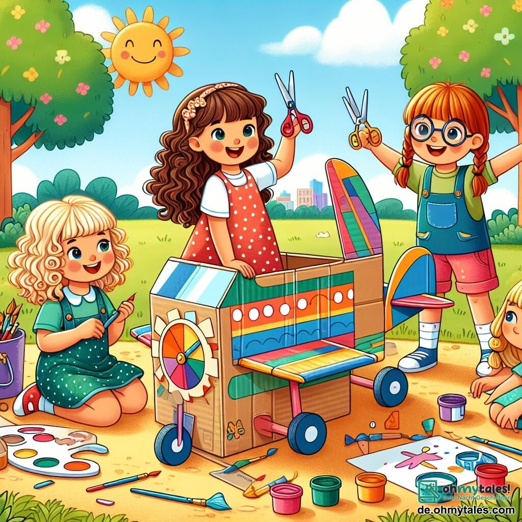 In einem sonnigen Park versammeln sich vier fünfjährige Mädchen um eine große, bunte Pappmaschine. Mia, mit braunen, lockigen Haaren und einem roten Kleid mit weißen Punkten, steht links und hält eine Schere. Lila, mit geflochtenen blonden Haaren und einer blauen Bluse, sitzt in der Mitte und malt farbige Muster auf die Maschine. Emma, mit glatten, kastanienbraunen Haaren, trägt ein grünes T-Shirt und Shorts und steht rechts, während sie begeistert das Steuern der Maschine imitiert. Klara, mit roten Haaren und runden Brillen, hockt neben den Flügeln der Maschine und hält Seile. Der Park ist voller bunter Blumen, großer grüner Bäume und eines klaren blauen Himmels mit einigen weißen Wolken. Die vier Freundinnen bauen ihre unglaubliche Pappmaschine und träumen davon, bald für fantastische Abenteuer durch den Himmel zu fliegen.