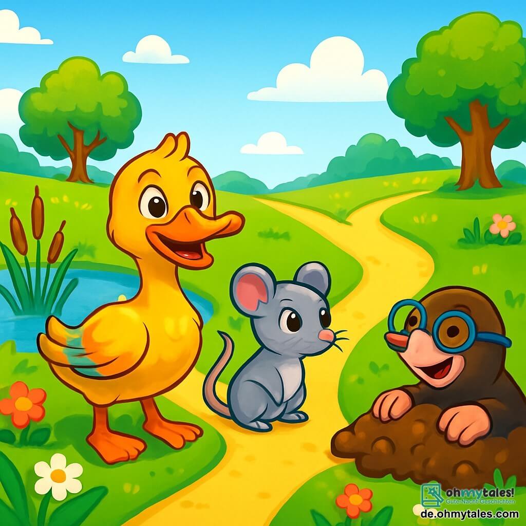 Eine Ente namens Emil mit glänzendem, goldschimmerndem Gefieder und neugierigen, funkelnden Augen steht am Rand eines kleinen Teichs. Er hat einen entschlossenen und fröhlichen Ausdruck, bereit für ein Abenteuer. Neben ihm beobachtet Lila, eine kleine Maus mit silbergrauem Fell und großen, schelmischen Augen, aufmerksam den Weg, mit einem konzentrierten Gesichtsausdruck. Max, ein lustiger Maulwurf mit großen runden Brillen und einem schelmischen Lächeln, gräbt etwas weiter weg, mit schmutzigen Pfoten, während er den Ideen seiner Freunde lauscht. Die Szenerie zeigt eine wunderschöne Landschaft mit grünen Wiesen, bunten Blumen und majestätischen Bäumen, unter einem strahlend blauen Himmel mit sanft schwebenden, wolkigen Wolken. Im Mittelpunkt funkelt der kleine Teich in der Sonne, umgeben von tanzenden Schilfrohren. Die Hauptsituation zeigt Emil und seine Freunde an einer Gabelung des Weges, zögernd zwischen zwei glitzernden Pfaden, bereit, ihr Abenteuer zu wählen, um den wertvollen Regenbogenschlüssel zu finden.