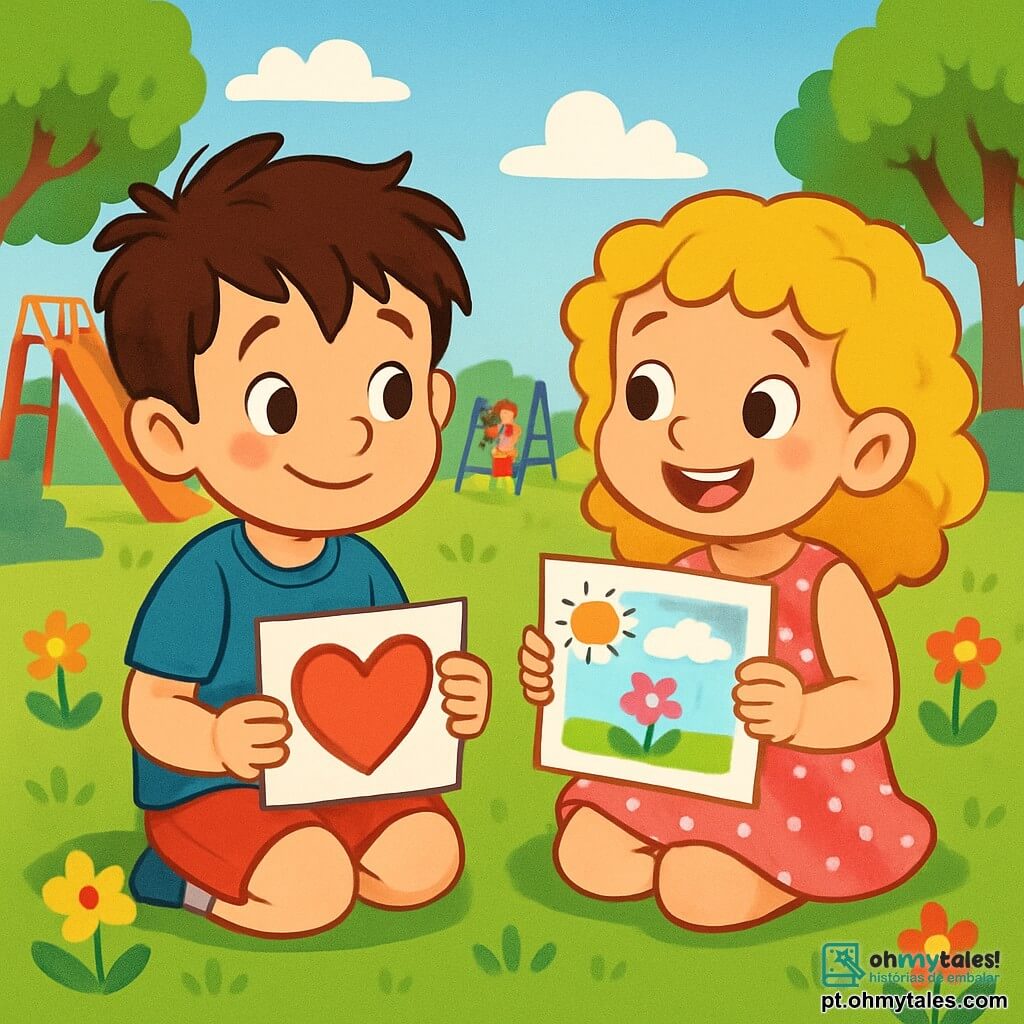 Há 2 personagens principais: - Lucas: um garoto de 6 anos, com cabelo castanho bagunçado, vestindo uma camiseta azul com um super-herói desenhado e um short vermelho. Ele está sentado na grama, com um sorriso tímido no rosto, segurando um desenho nas mãos. - Sara: uma menina de 6 anos, com cabelos cacheados e loiros, vestindo um vestido rosa com bolinhas brancas. Ela está sentada ao lado de Lucas, com as pernas cruzadas, sorrindo amplamente e com um desenho colorido em seus joelhos. O local da cena principal é um parque ensolarado, cheio de flores coloridas e árvores verdes. Ao fundo, há um escorregador e balanços, onde outras crianças brincam alegremente. O céu é azul com algumas nuvens brancas e fofas. A cena mostra Lucas e Sara compartilhando seus desenhos sobre seus sentimentos, sentados juntos na grama. Eles trocam sorrisos cúmplices, cercados por cores vibrantes e uma atmosfera alegre, ilustrando a amizade e o apoio mútuo em um momento de compartilhamento.