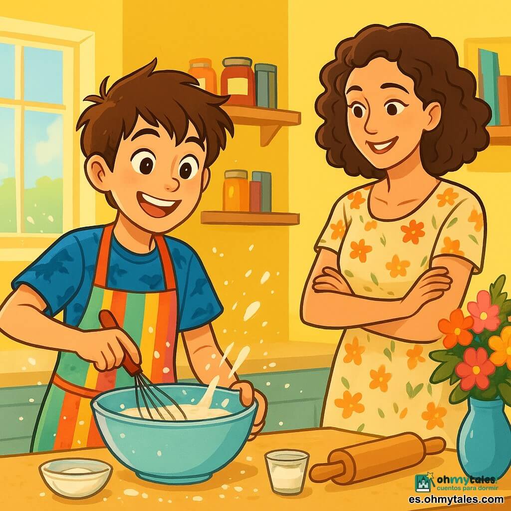 Un niño de 10 años, con el cabello castaño desordenado y ojos brillantes de alegría, está en una cocina luminosa, sonriendo ampliamente. Lleva una camiseta azul con dibujos de dinosaurios y un delantal colorido, mientras bate huevos en un bol, con salpicaduras de harina y azúcar a su alrededor que añaden un toque de caos divertido. A su lado, su madre, una mujer de unos treinta años con cabello rizado y una sonrisa cálida, lo observa con ternura. Ella viste un vestido ligero de flores y está cerca de la mesa, lista para ayudar, con los brazos cruzados y divertida por los esfuerzos de su hijo. La escena tiene lugar en una cocina acogedora, iluminada por luz natural, con paredes amarillas y estanterías llenas de tarros de mermelada y libros de recetas. Un ramo de flores frescas adorna la mesa, aportando un toque de color. El niño, concentrado y entusiasta, prepara una sorpresa para el Día de la Madre, batiendo los ingredientes con determinación, mientras su madre lo anima con una mirada orgullosa.