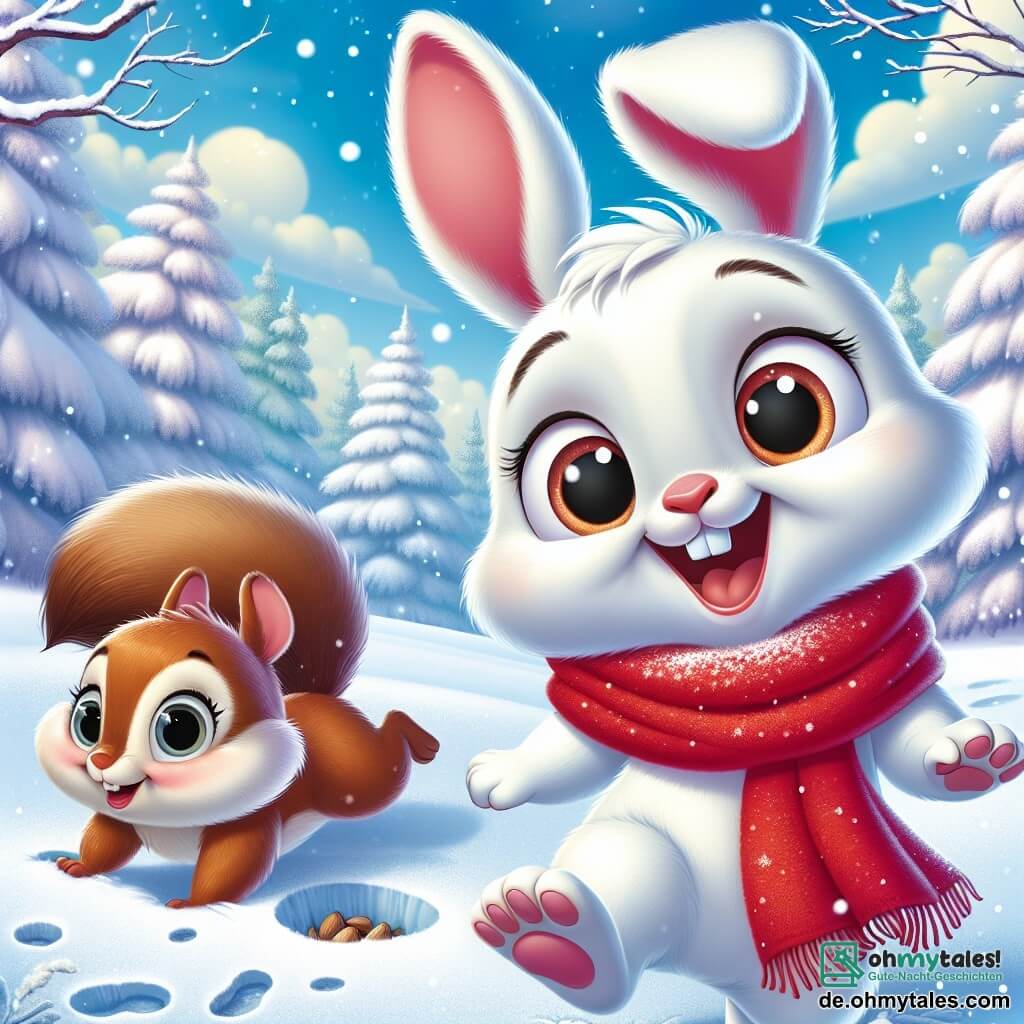 Ein kleiner weißer Hase namens Flocke mit großen Ohren und neugierigen, funkelnden Augen springt fröhlich im frischen Schnee und hat ein strahlendes Lächeln im Gesicht. Er trägt einen leuchtend roten Schal, der im Kontrast zur weißen Winterlandschaft steht. In der Nähe sucht seine beste Freundin, das Eichhörnchen Mia mit ihrem braunen Fell und dem buschigen Schwanz, konzentriert in der Schneedecke nach Nüssen. Die Szenerie ist ein verzauberter Wald, in dem die Bäume mit einer dicken Schicht glitzernden Schnees bedeckt sind und der Himmel strahlend blau mit bauschigen Wolken. Sanft fallende Schneeflocken verleihen der Szene einen magischen Touch. Flocke und Mia haben Spaß im Schnee, hinterlassen Fußspuren und lachen, während sie die Wunder des Winters entdecken.