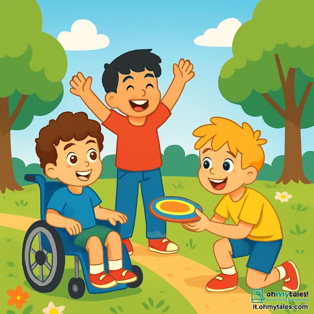 Ci sono 3 personaggi: Marco, un ragazzo di 10 anni con capelli castani e ricci, seduto su una sedia a rotelle, sorridente e curioso; Tommaso, un ragazzo di 10 anni con capelli neri e lisci, in piedi accanto a Marco con le braccia alzate in segno di incoraggiamento; e Luca, un ragazzo di 10 anni con capelli biondi disordinati, accovacciato davanti a Marco con un frisbee colorato in mano, pronto a lanciarlo. La scena si svolge in un parco soleggiato con alberi verdi e fiori colorati. I tre ragazzi stanno giocando insieme, ridendo e incoraggiandosi mentre si preparano a lanciare il frisbee.