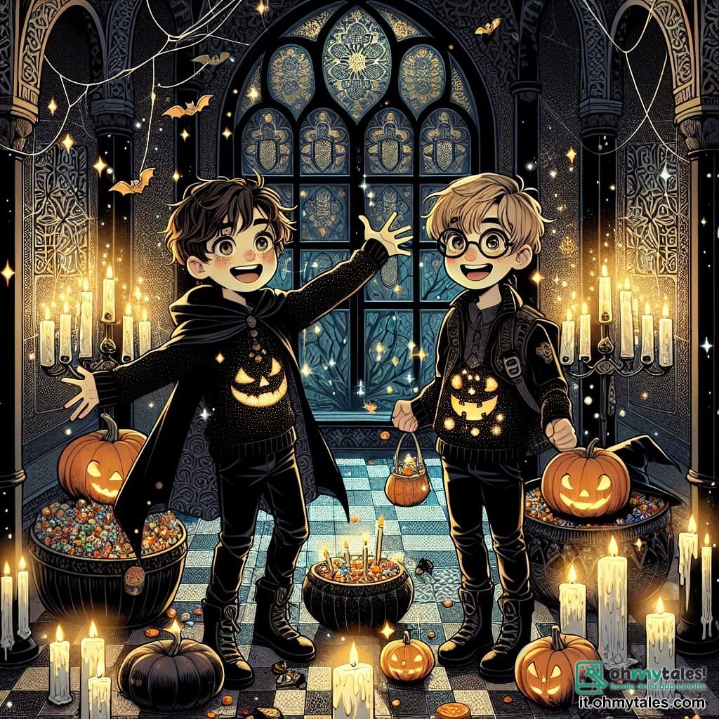 Un ragazzo di 9 anni, Marco, con i capelli castani arruffati e occhi scintillanti di curiosità, indossa un costume di Halloween nero decorato con motivi di zucche e pipistrelli luccicanti. Si trova al centro della scena, con le braccia aperte e un grande sorriso meravigliato, circondato da piccole scintille argentate che fluttuano attorno a lui. Accanto a lui, il suo amico Luca, anch'esso di 9 anni, con capelli biondi e occhiali rotondi, guarda Marco con occhi spalancati, tenendo un sacchetto di caramelle in una mano. La scena si svolge all'interno di una vecchia casa stregata, con muri ornati di arabeschi misteriosi e candele fluttuanti che illuminano la stanza con una luce calda e colorata. Marco e Luca scoprono la magia della casa, circondati da un'atmosfera festosa e misteriosa, mentre ombre danzano gioiosamente attorno a loro, creando un'atmosfera di meraviglia e avventura.